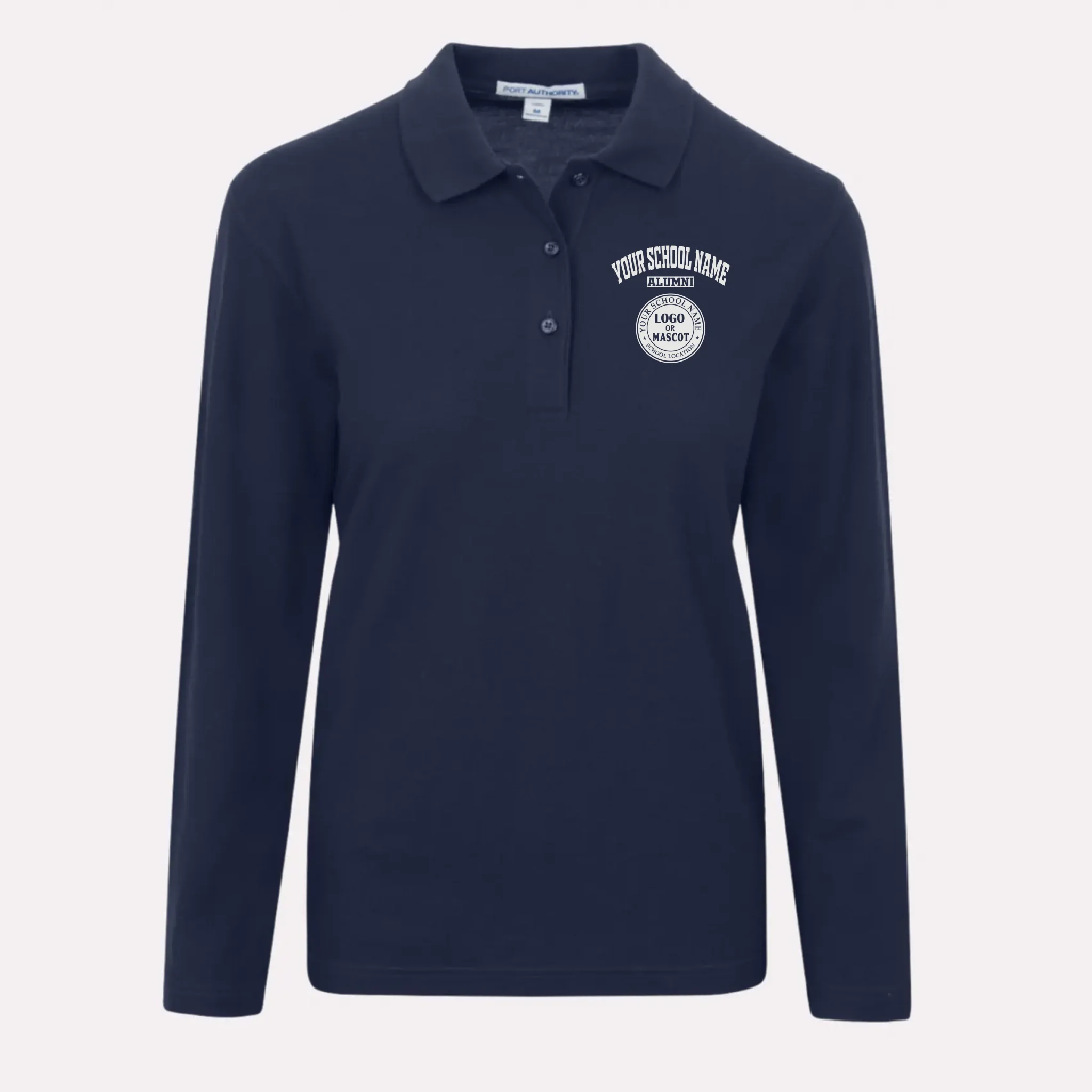 A navy blue women's classic fit long sleeve polo, a perfect and elegant university alumni gift for her.