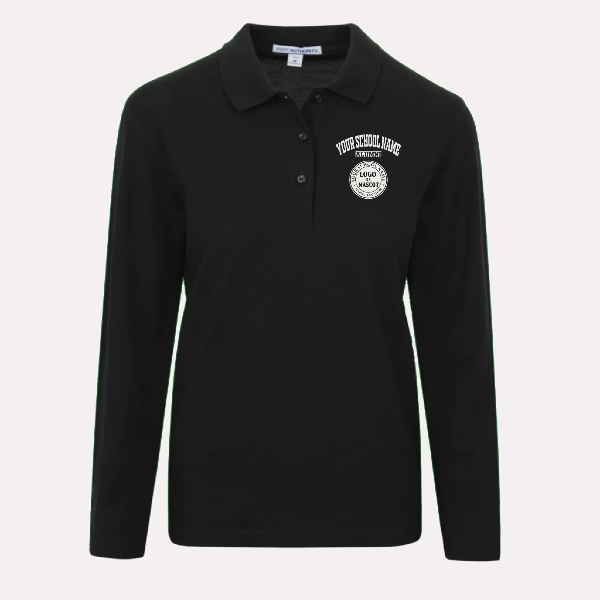 A black long sleeve women's polo shirt, great custom school apparel for alumnae attending class reunions.