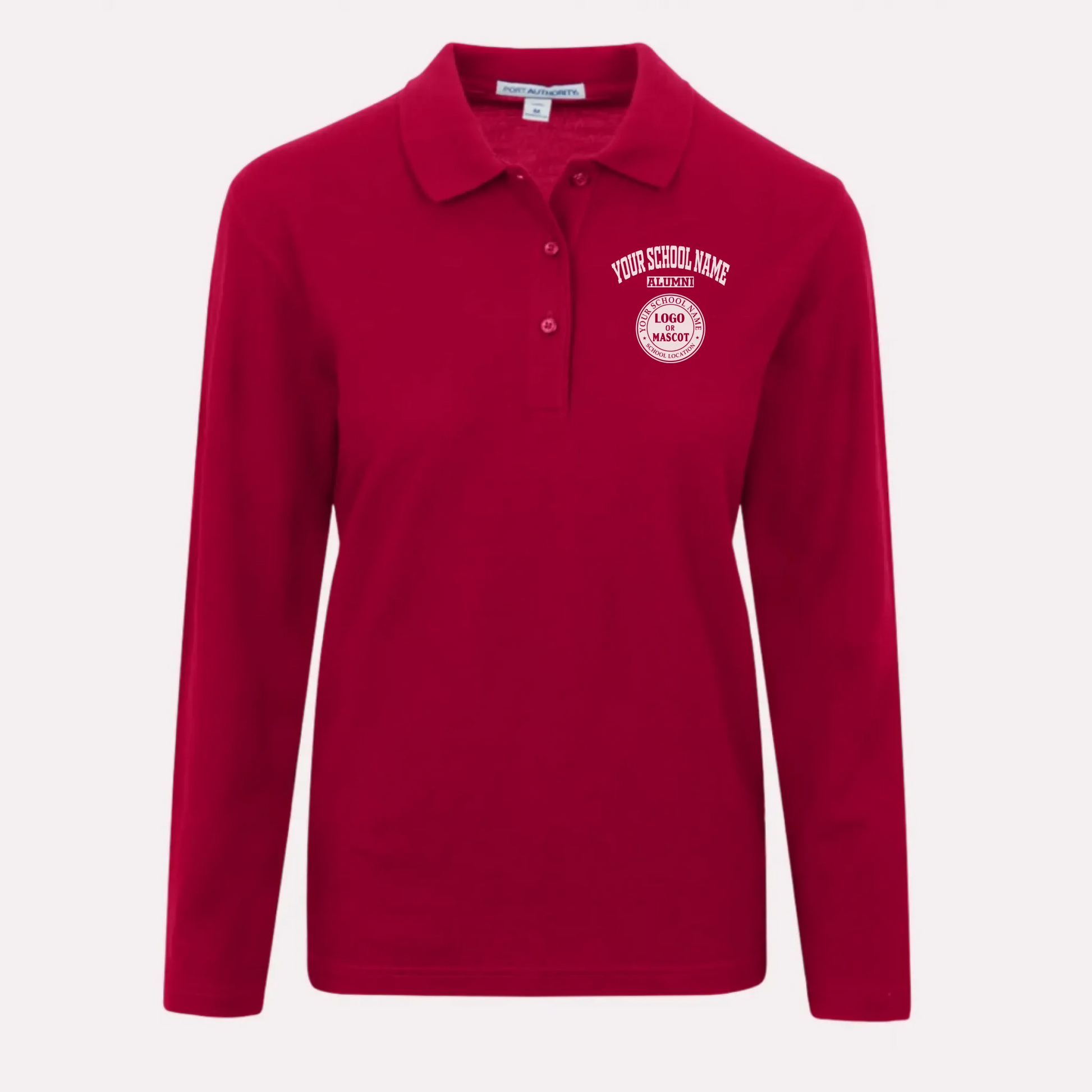 A red long sleeve polo, stylish college apparel for alumnae with an elegant and classic look.