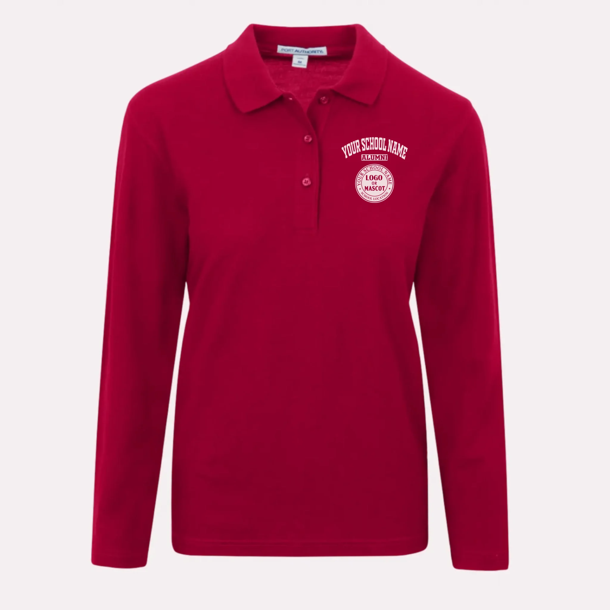 A red long sleeve polo, stylish college apparel for alumnae with an elegant and classic look.