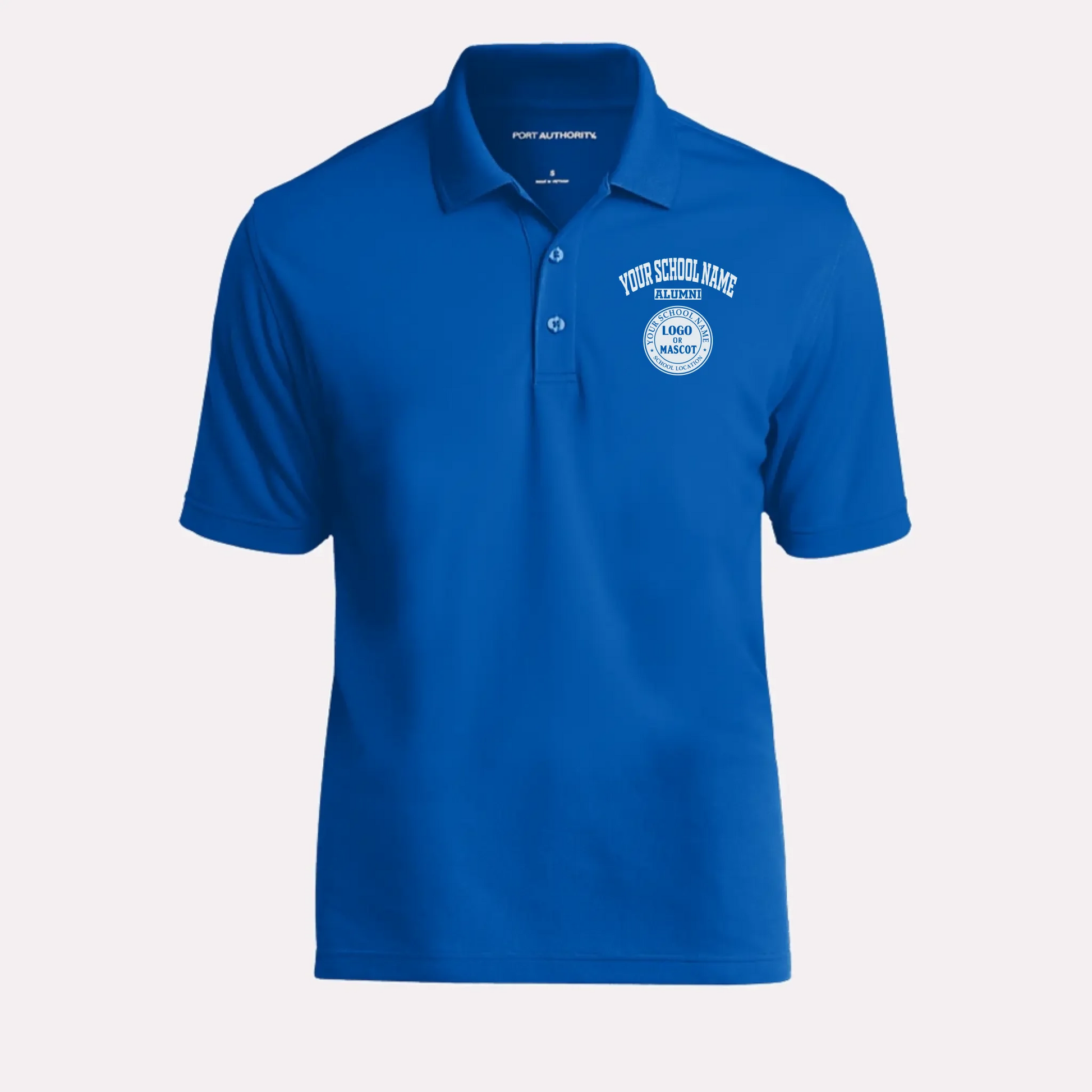 A royal blue custom alumni polo shirt with a traditional fit, designed for proud graduates.