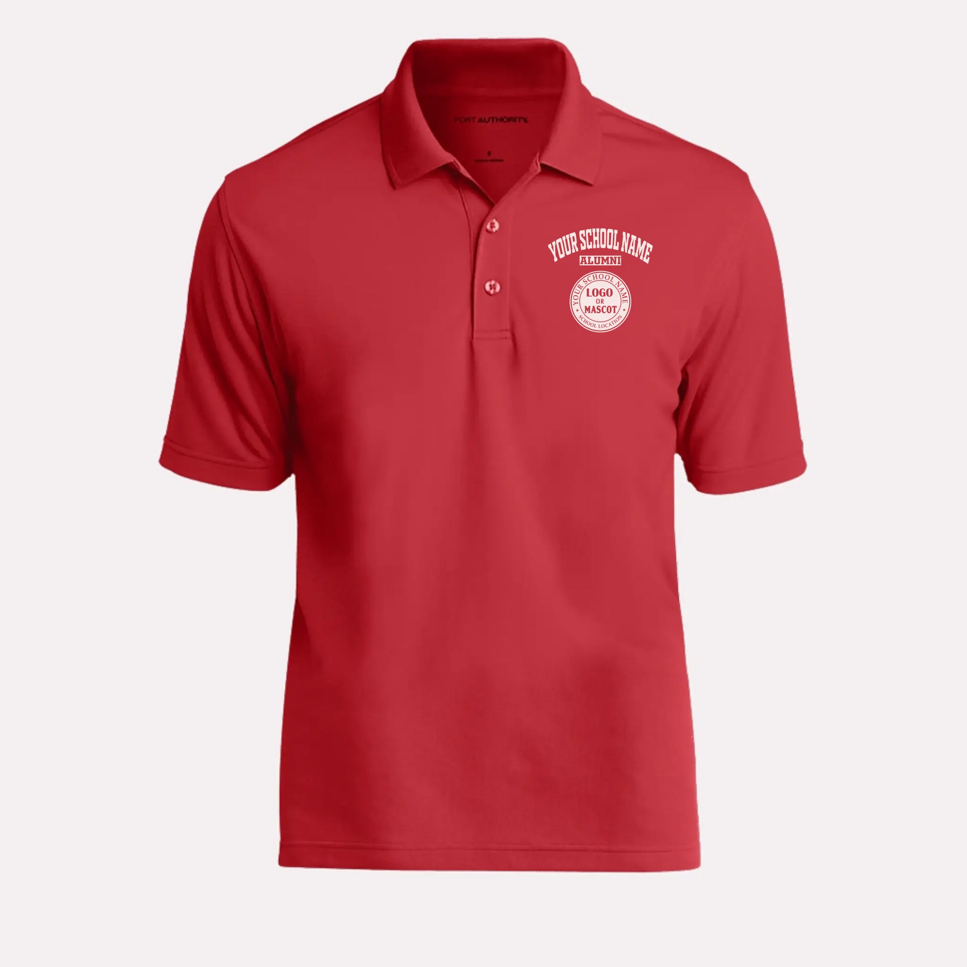 A red classic polo shirt, a great high school reunion gift featuring a personalized school emblem.