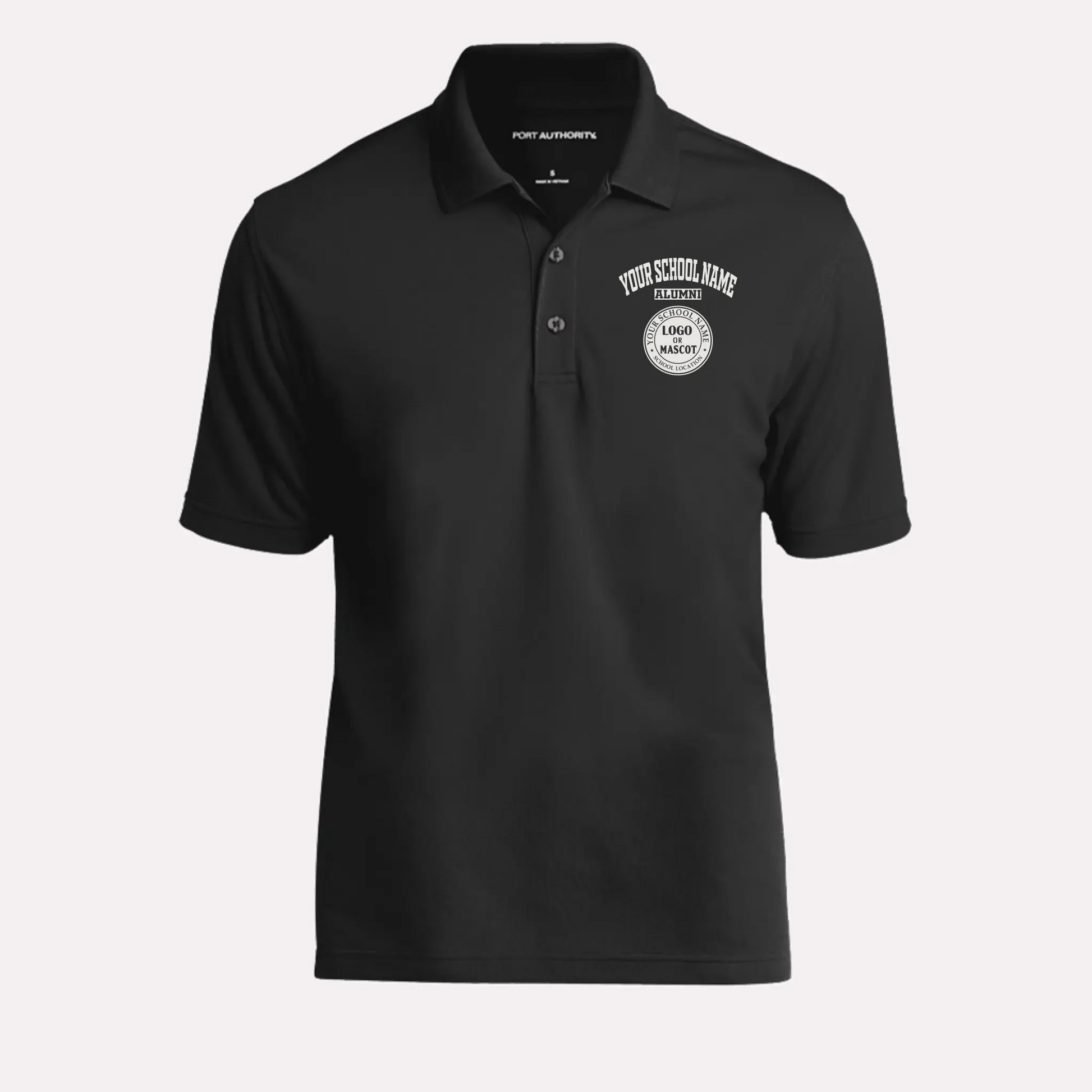 A black custom men's school polo shirt, perfect for class reunions and casual Fridays.
