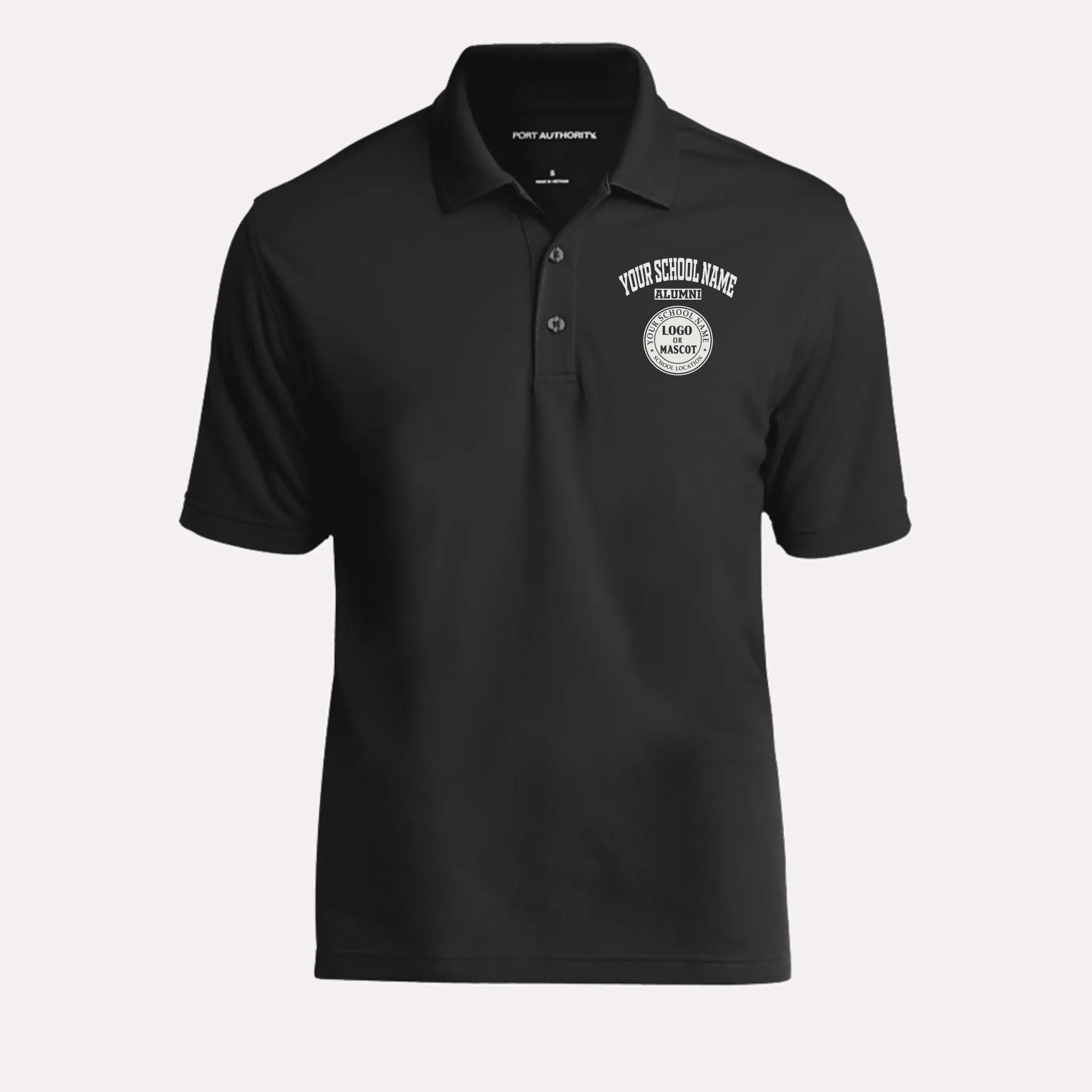 A black custom men's school polo shirt, perfect for class reunions and casual Fridays.
