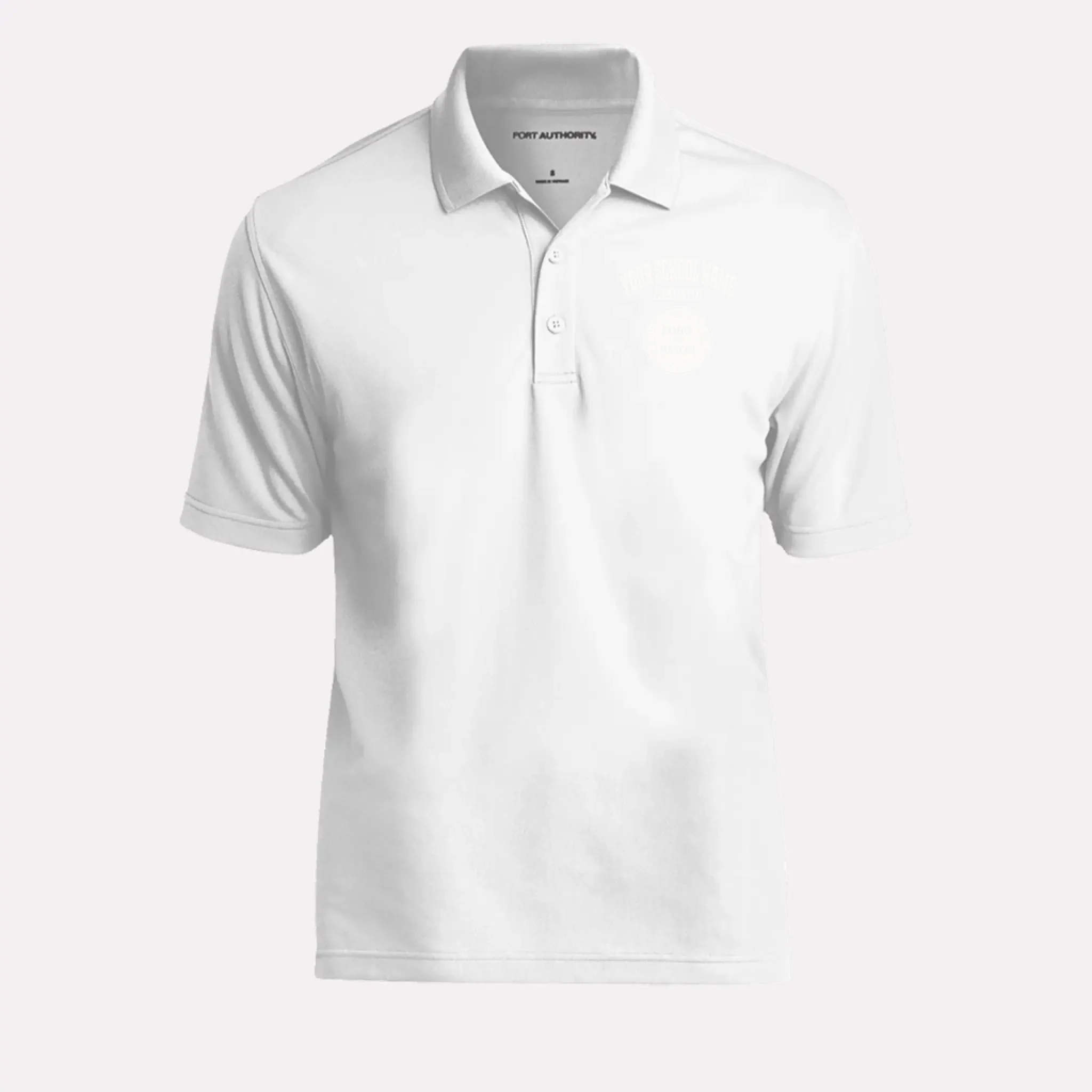 A timeless personalized alumni polo in white, featuring a custom school logo and a classic, comfortable fit.