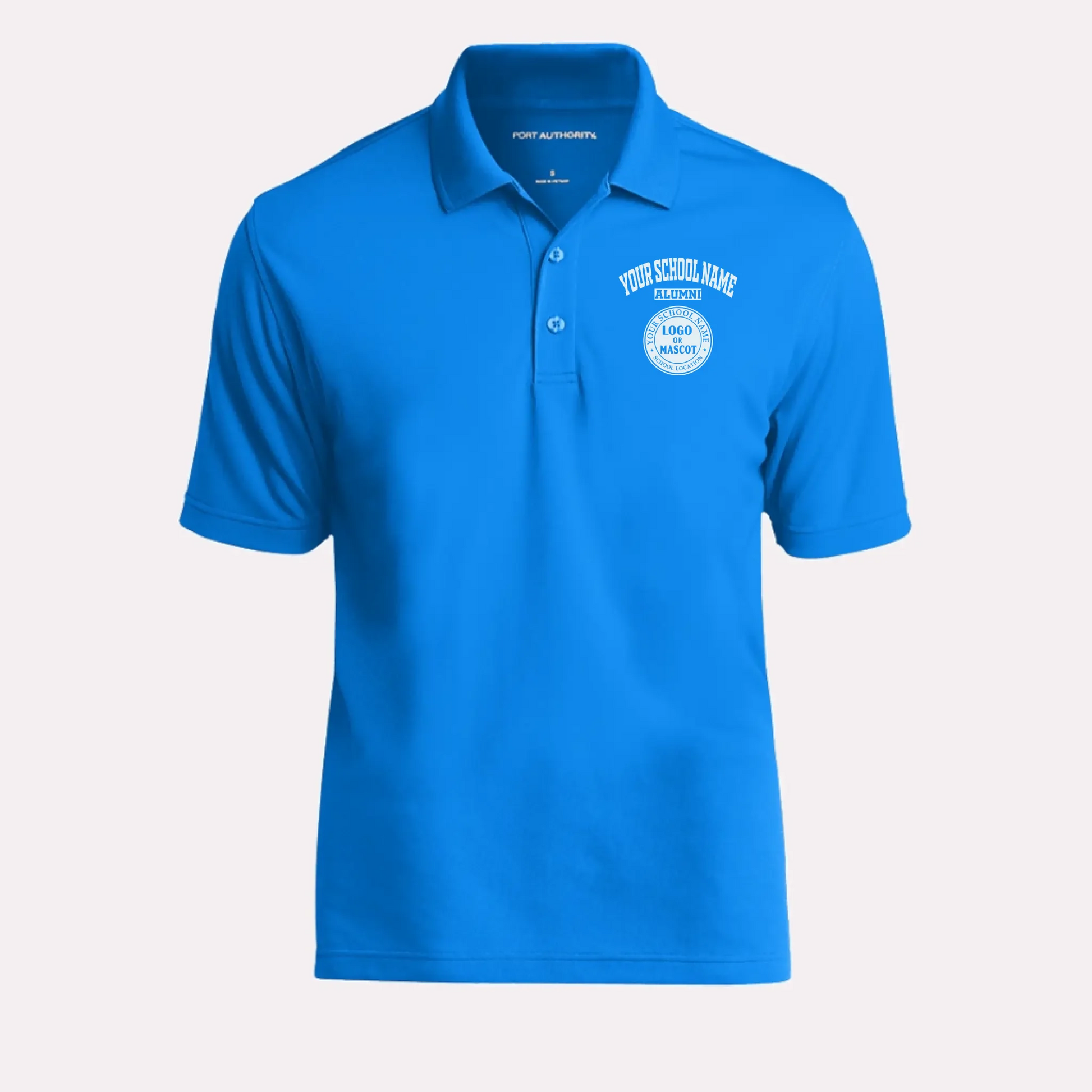 A personalized light blue classic fit polo for alumni, featuring a comfortable pique fabric and custom school emblem.