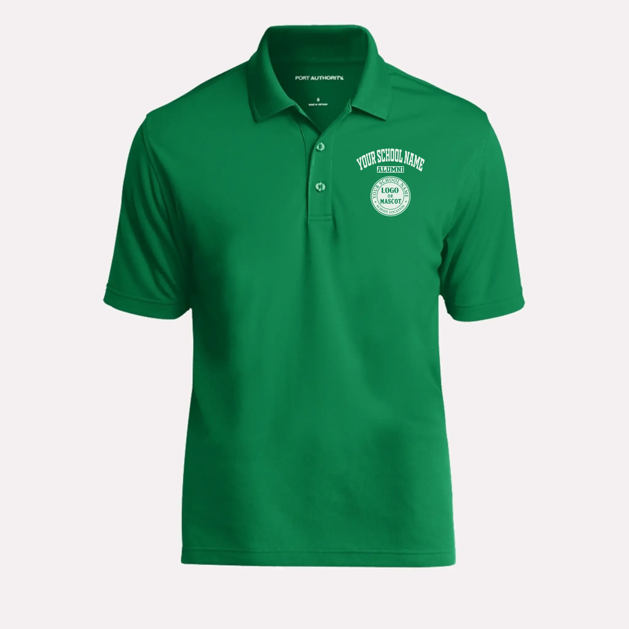 A unique alumni gift: a kelly green classic polo shirt that can be personalized with his school's logo.