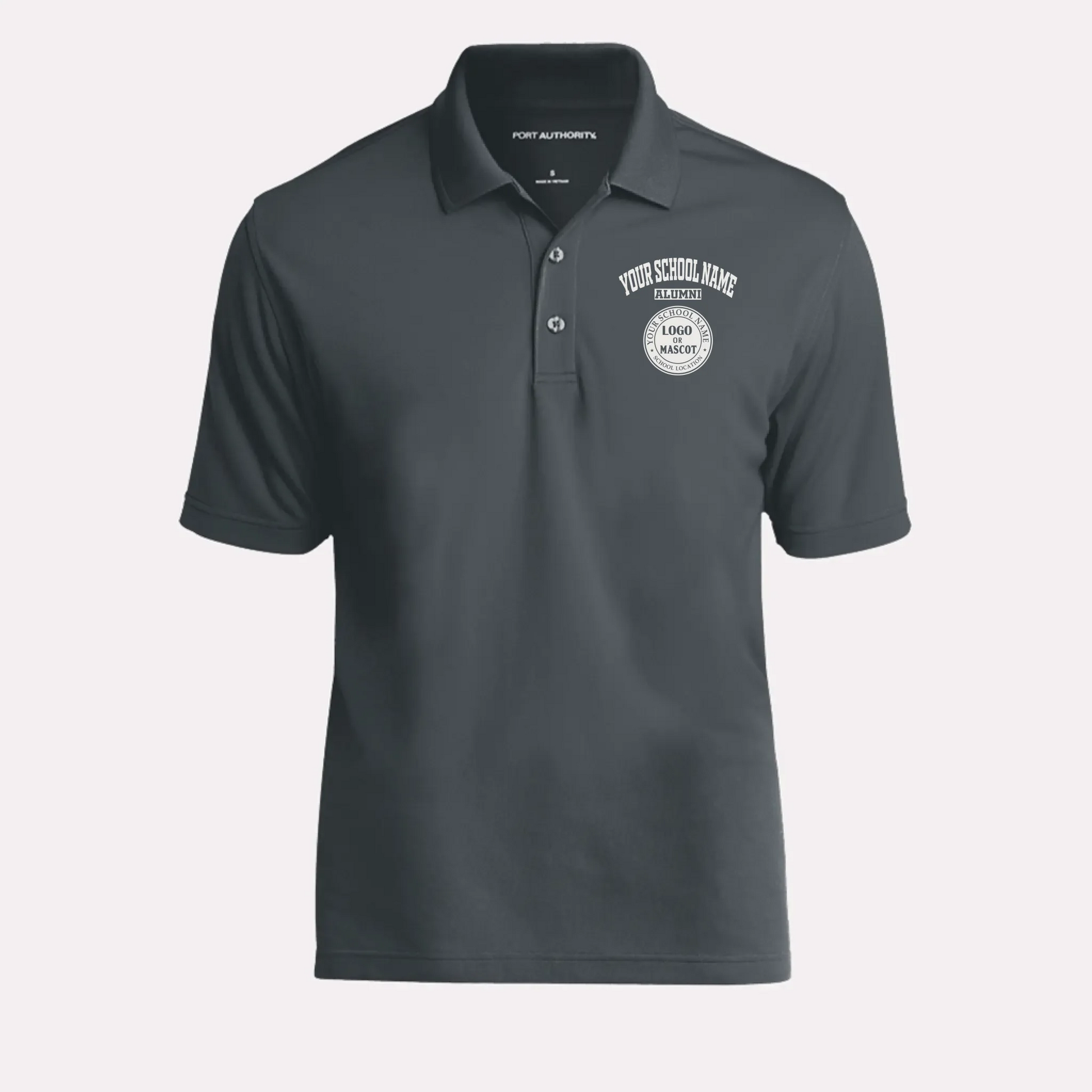 A graphite grey personalized polo for alumni events, offering a classic and comfortable style.