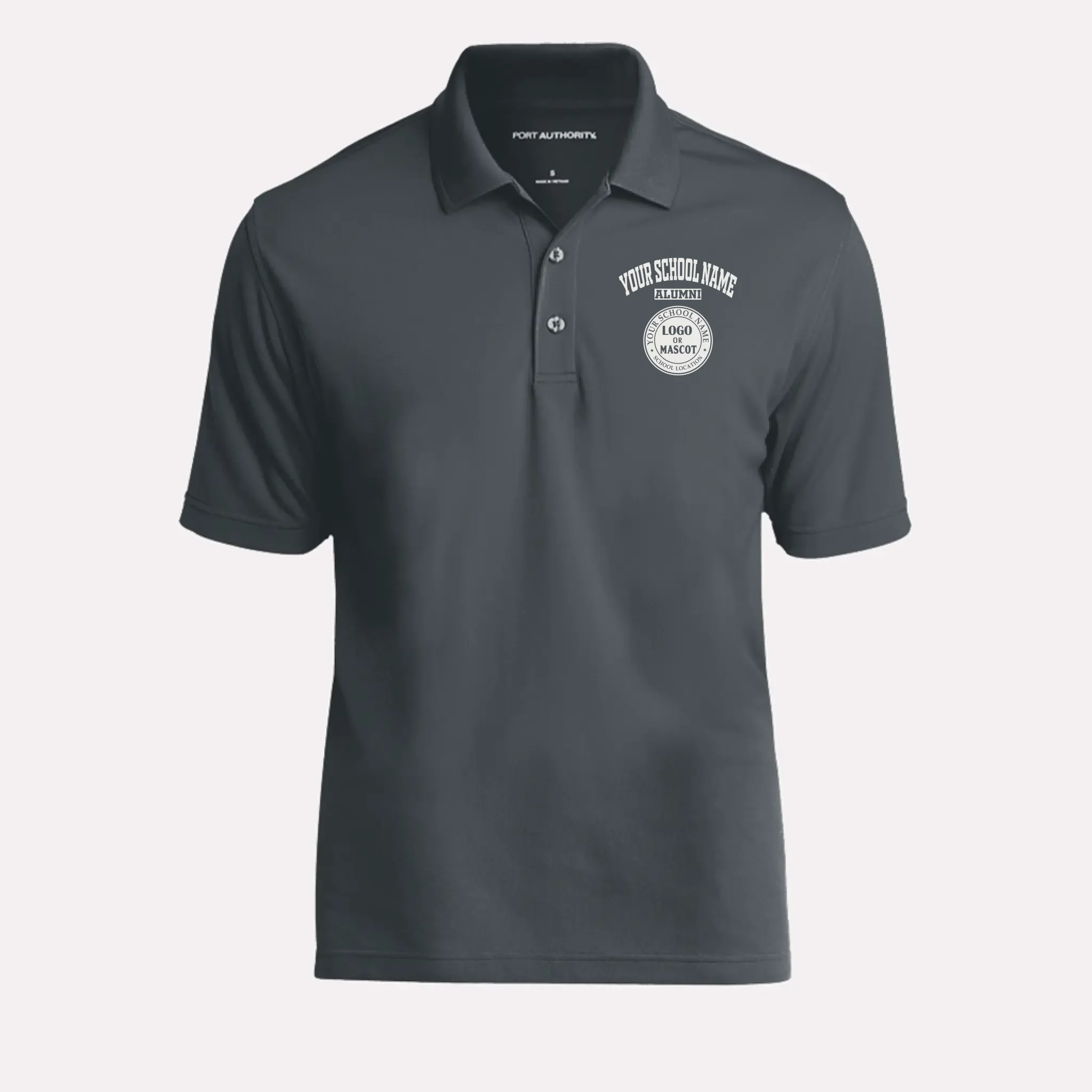 A graphite grey personalized polo for alumni events, offering a classic and comfortable style.