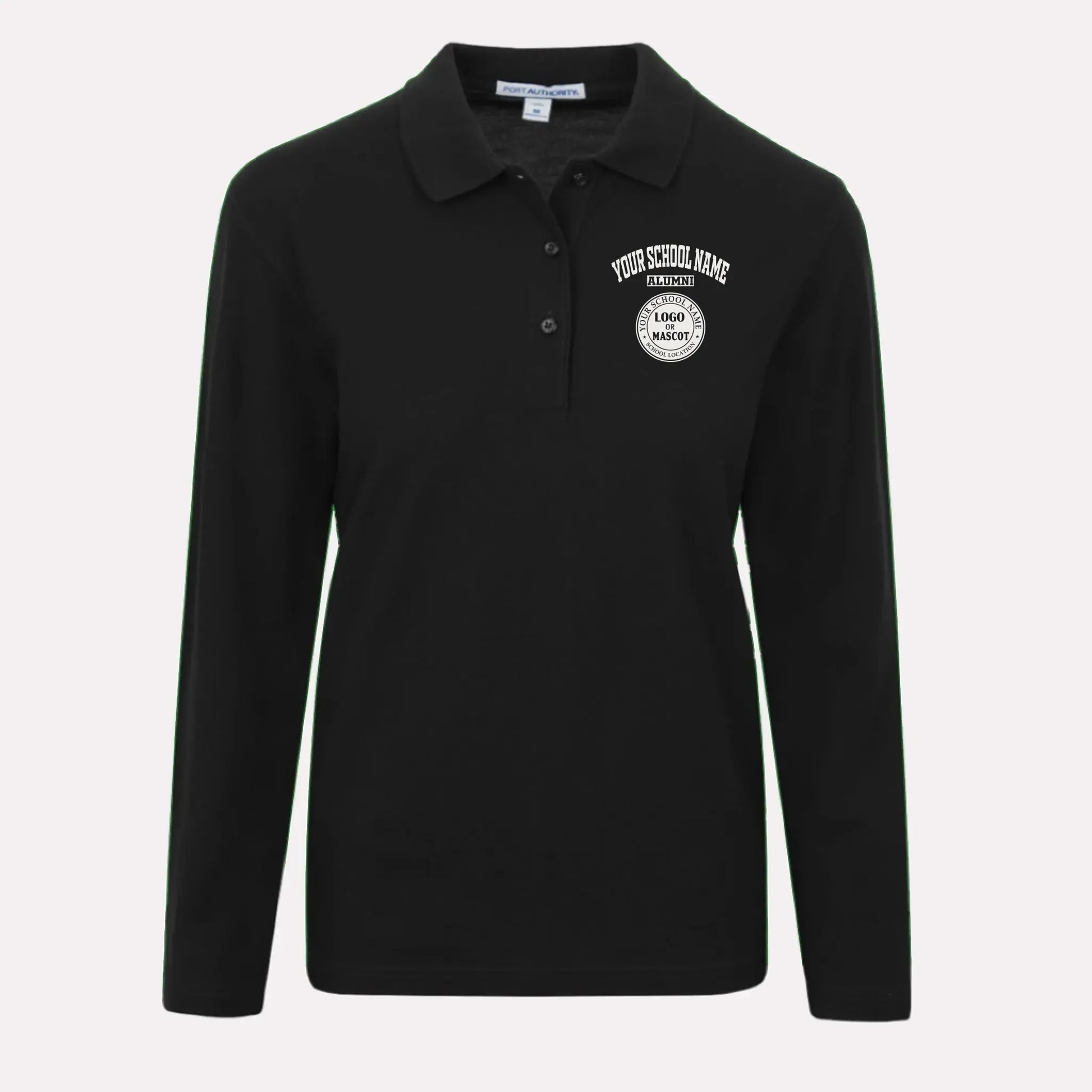 A black long sleeve women's polo shirt, great custom school apparel for alumnae attending class reunions.