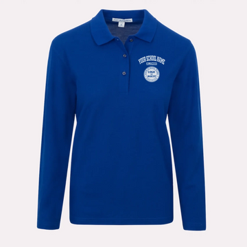 A woman's royal blue long sleeve polo in a classic fit, personalized with a school logo for a timeless alumni look.