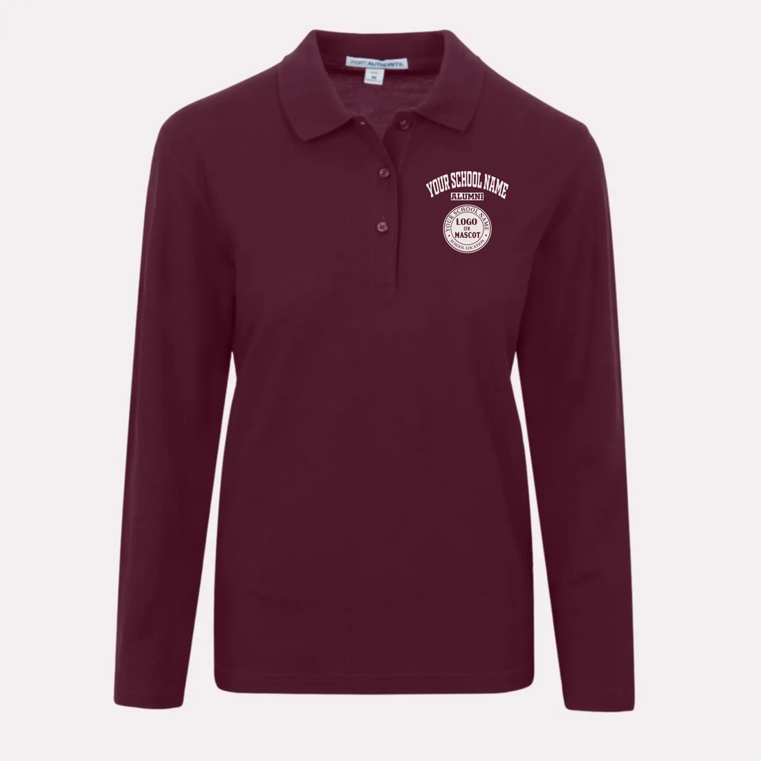 A woman's royal blue long sleeve polo in a classic fit, personalized with a school logo for a timeless alumni look.