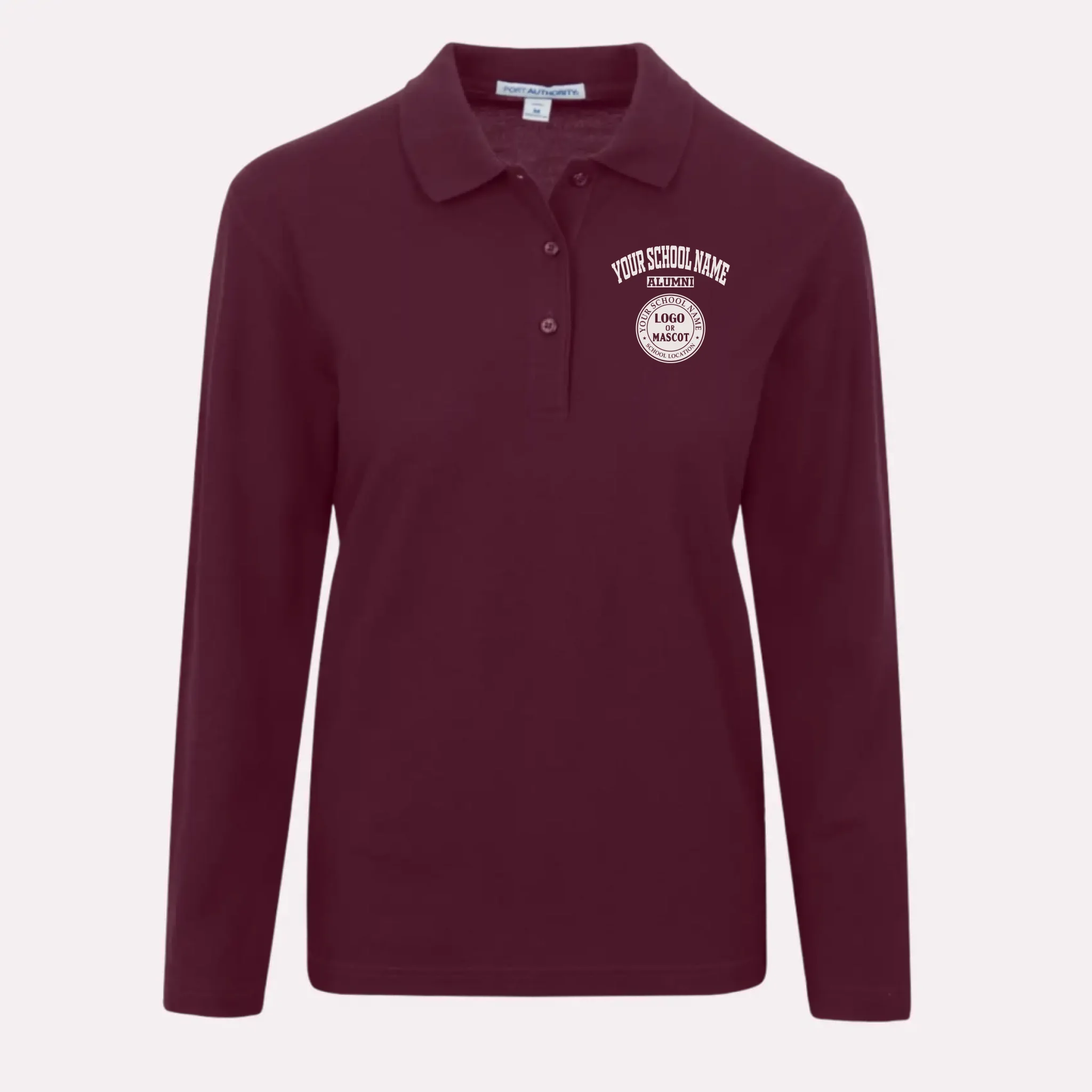 A personalized maroon long sleeve polo for women, featuring a classic fit and custom school emblem.