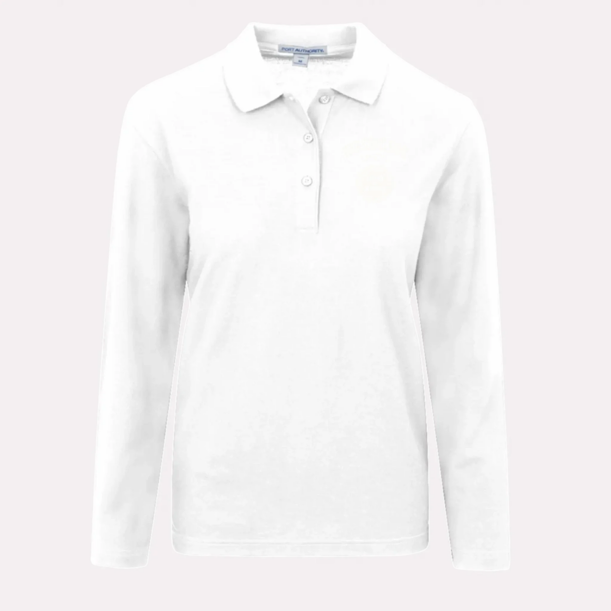 A unique alumni gift for her: a classic white long sleeve polo shirt that can be personalized with her school's logo.