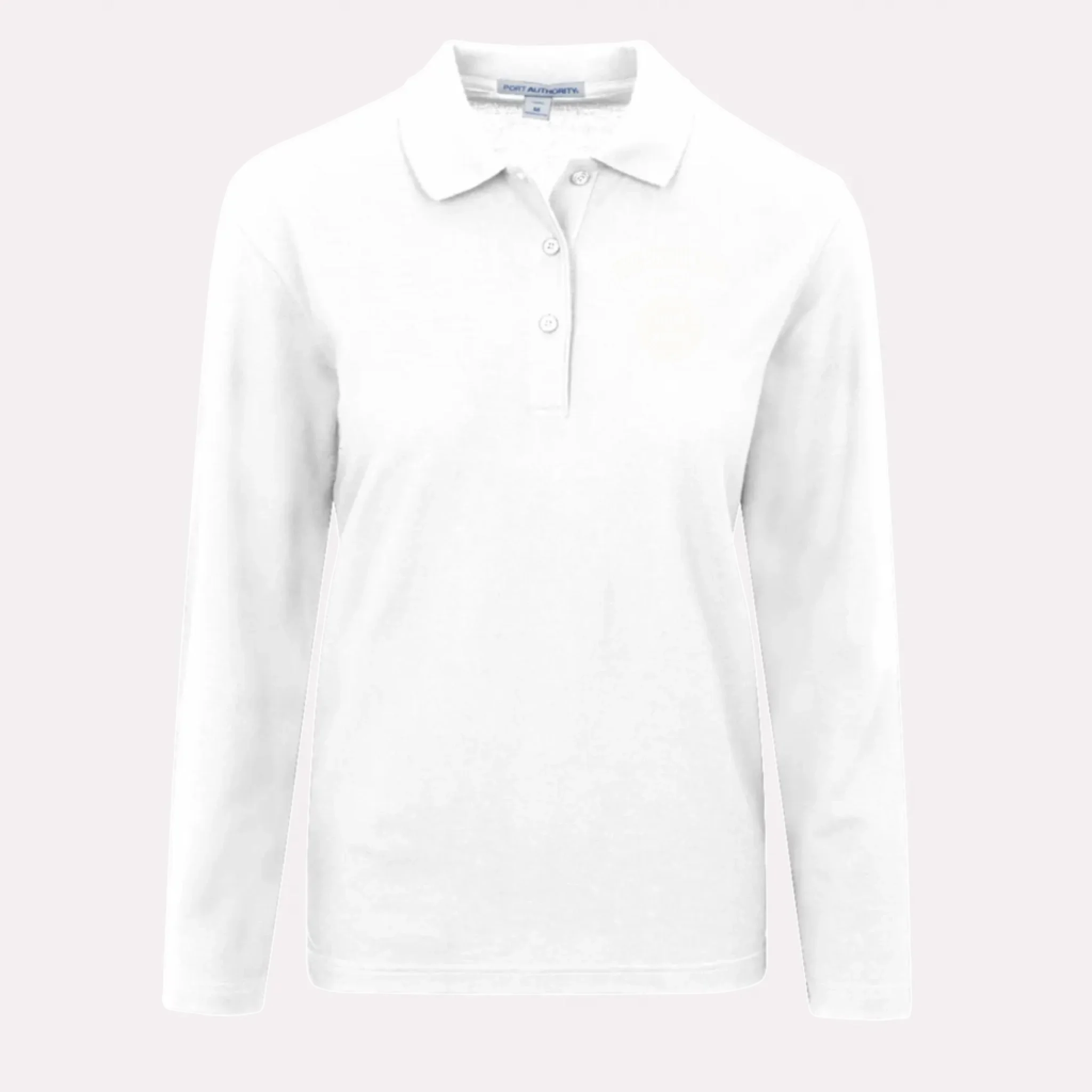 A unique alumni gift for her: a classic white long sleeve polo shirt that can be personalized with her school's logo.