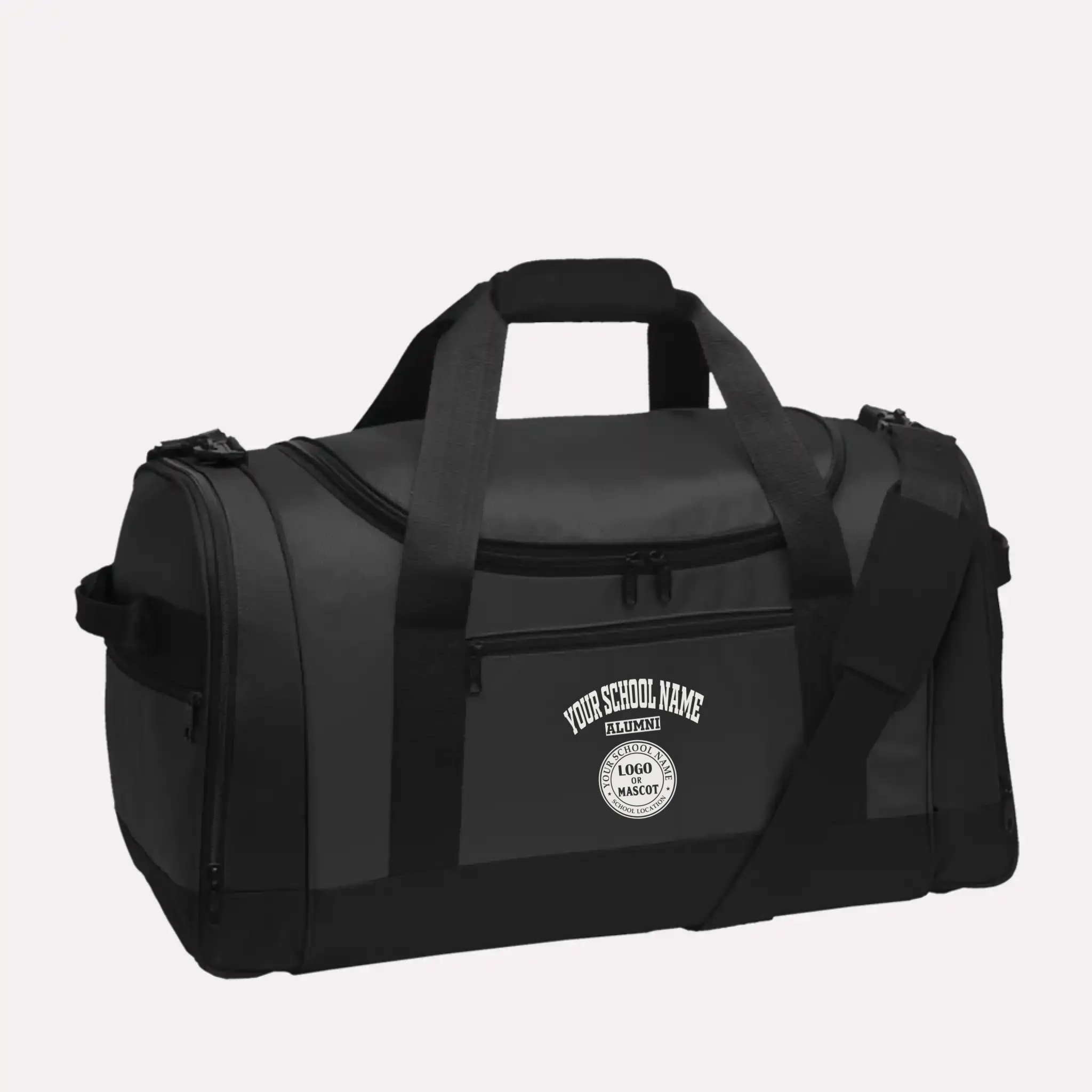 A charcoal grey custom alumni travel bag, the perfect size for a class reunion weekend.