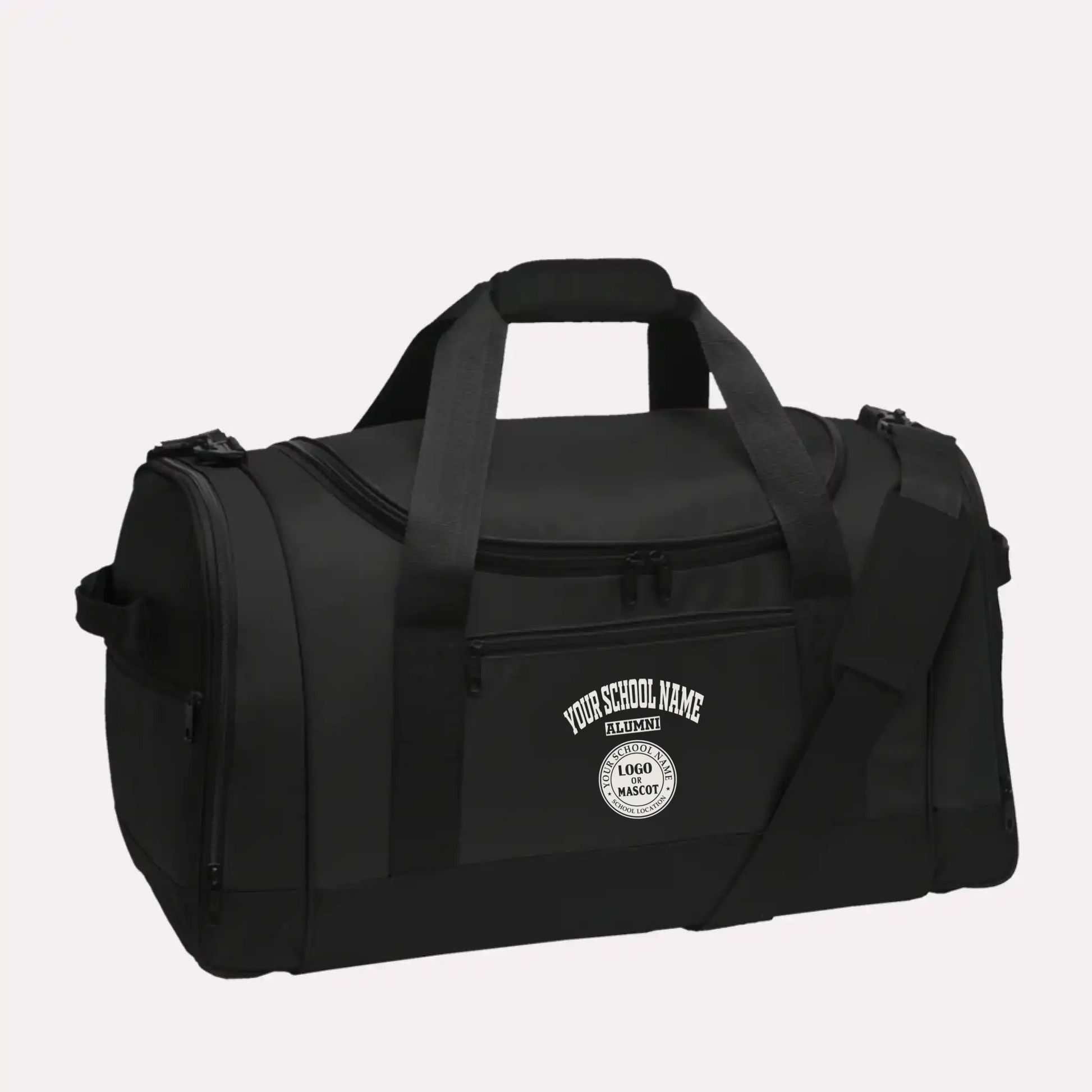 A durable black Voyager sports duffel, a great piece of personalized university gear for any alumnus.