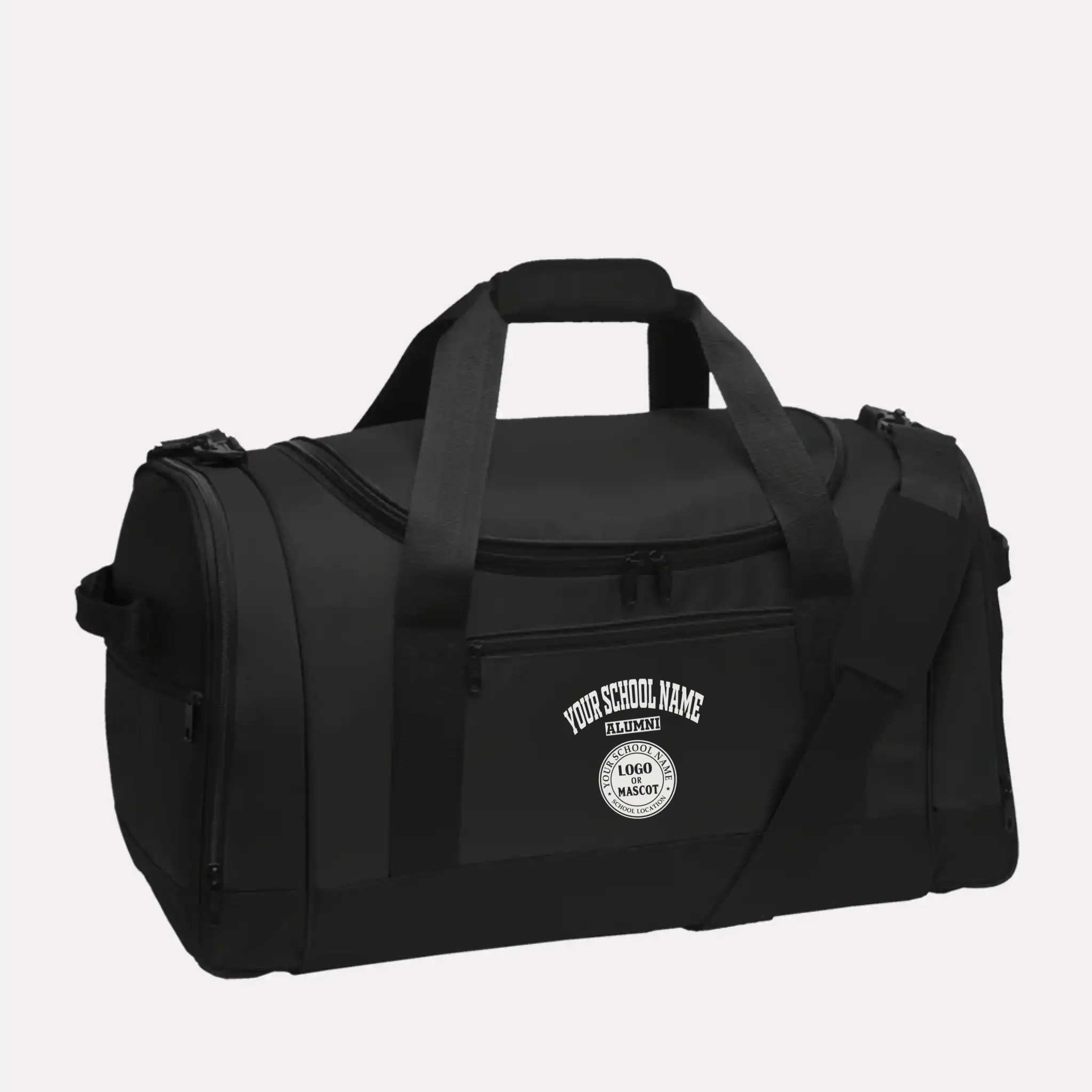 A durable black Voyager sports duffel, a great piece of personalized university gear for any alumnus.