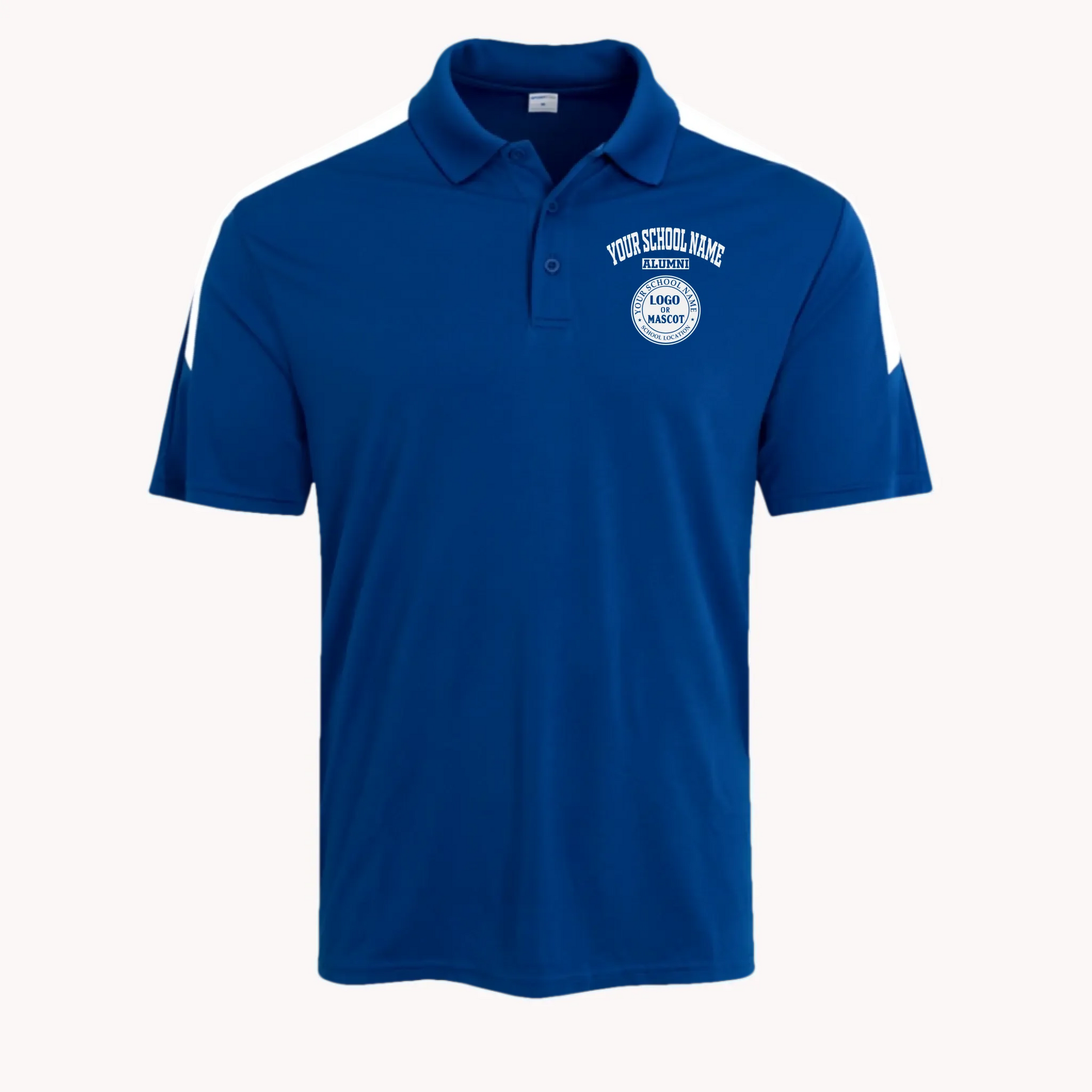 A royal blue men's performance polo with a distinctive colorblock style, perfect as a university alumni gift.