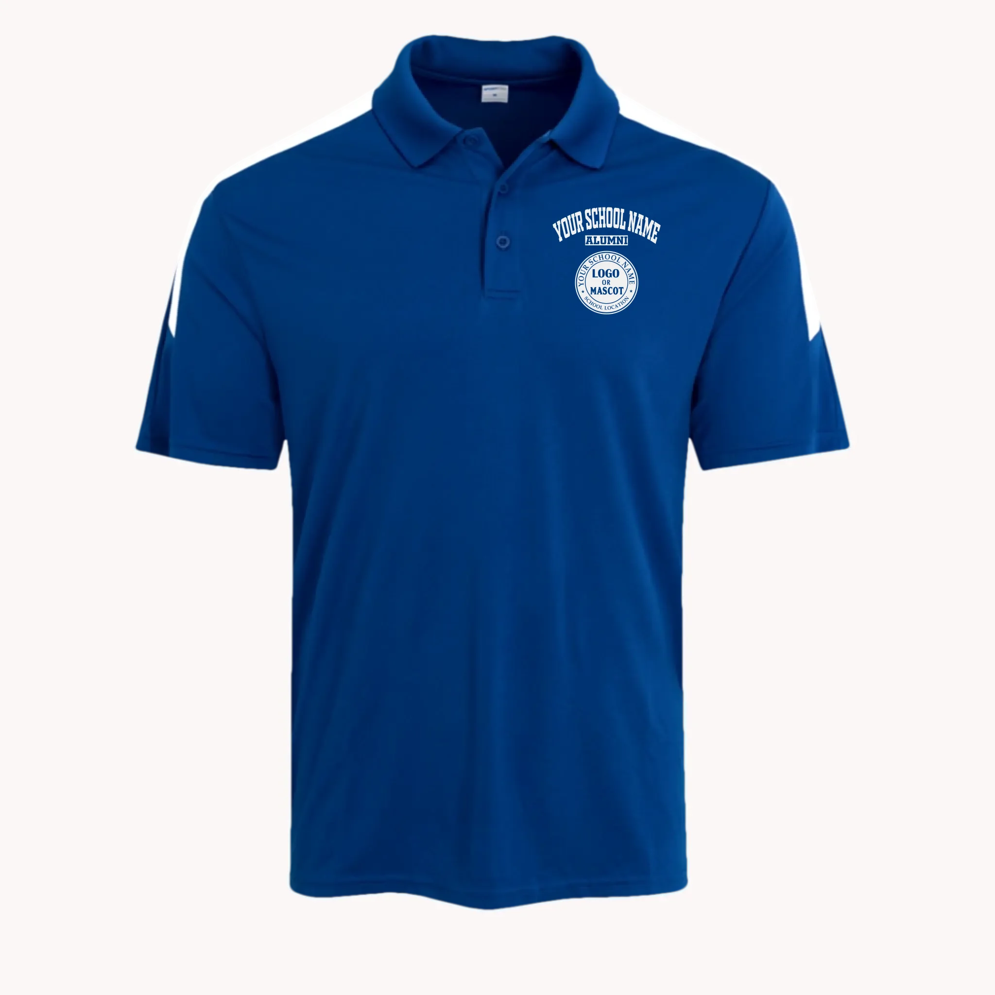 A royal blue men's performance polo with a distinctive colorblock style, perfect as a university alumni gift.