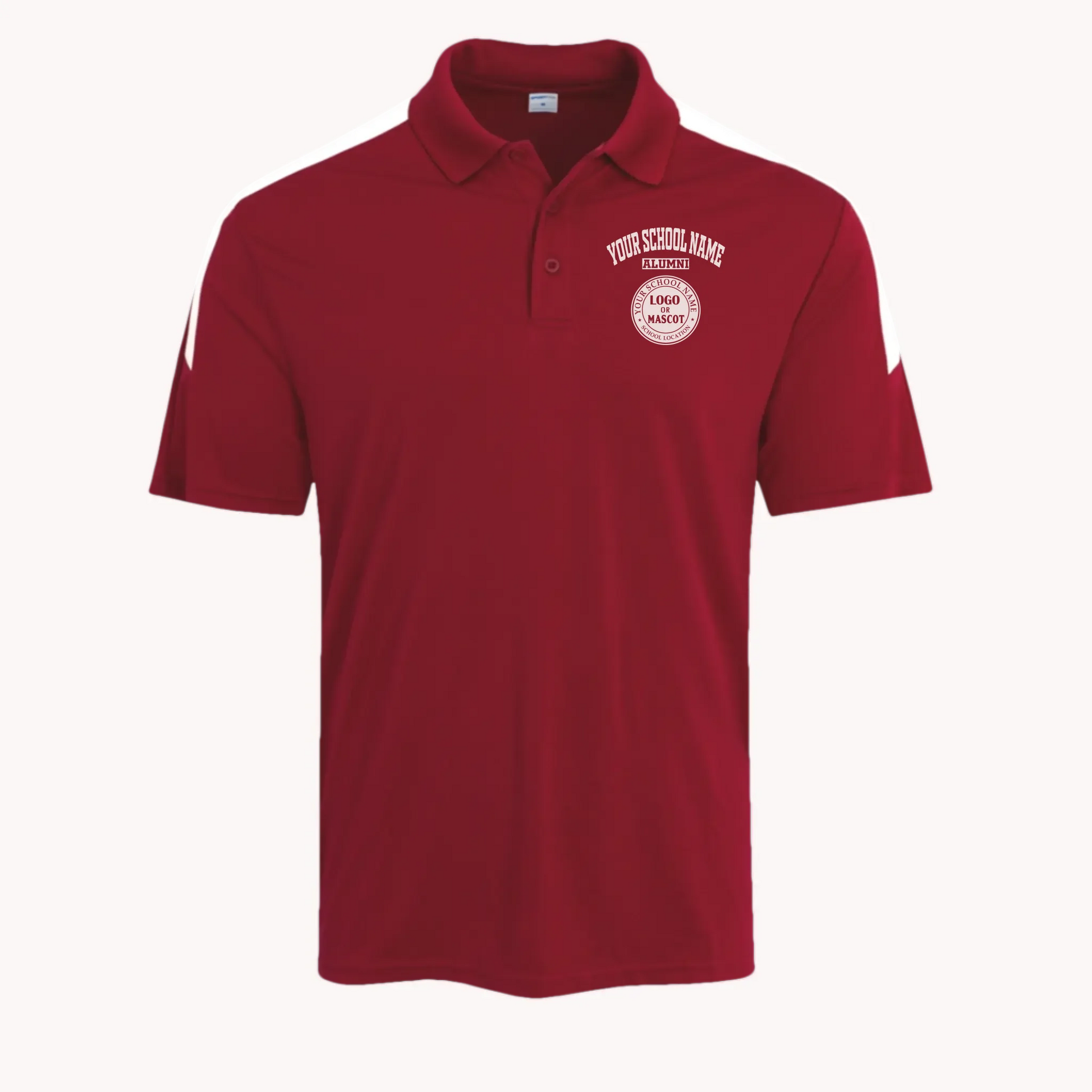 A red custom alumni polo shirt with white colorblock accents, designed for active graduates.