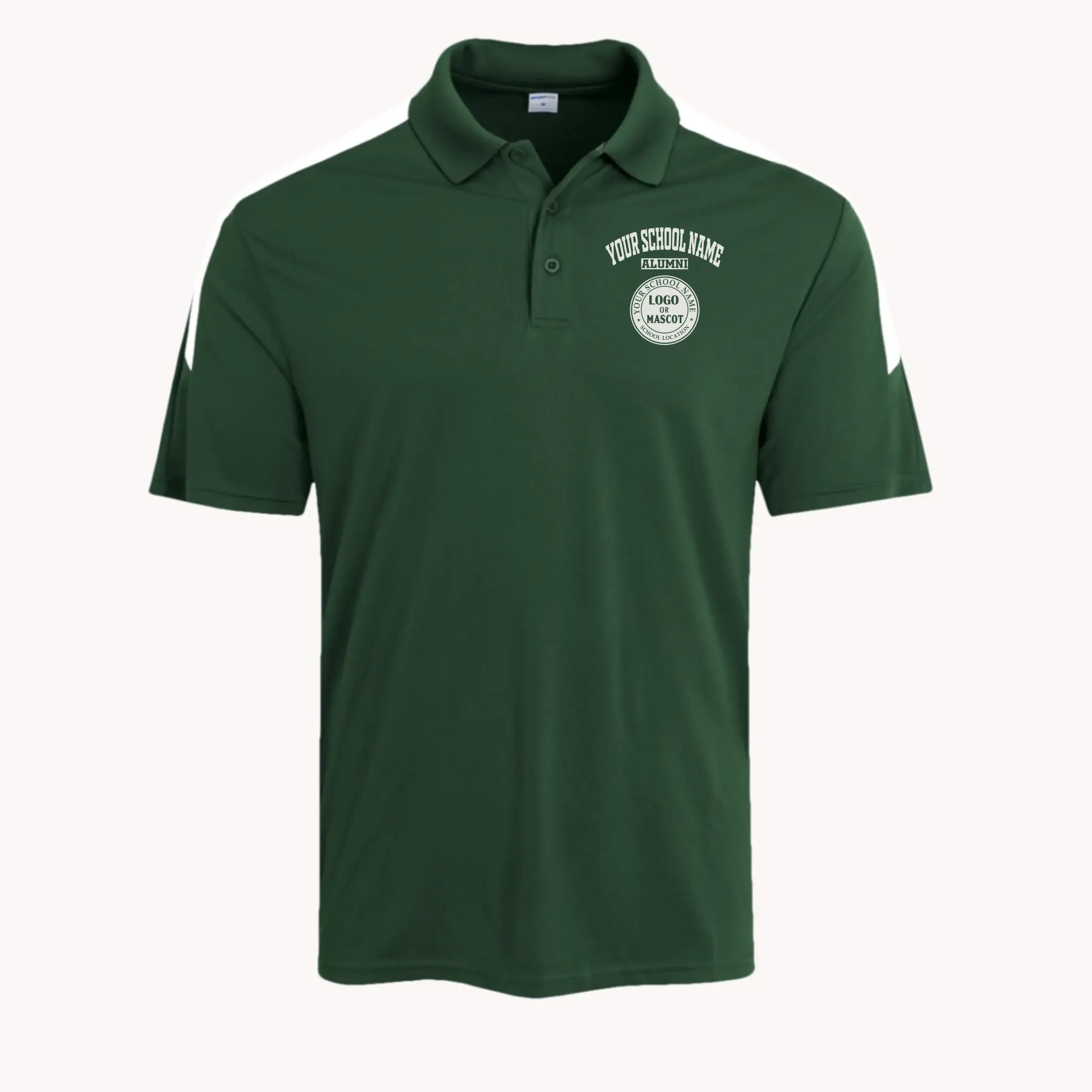 A forest green competitor polo, stylish college apparel for alumni with a modern colorblock look.