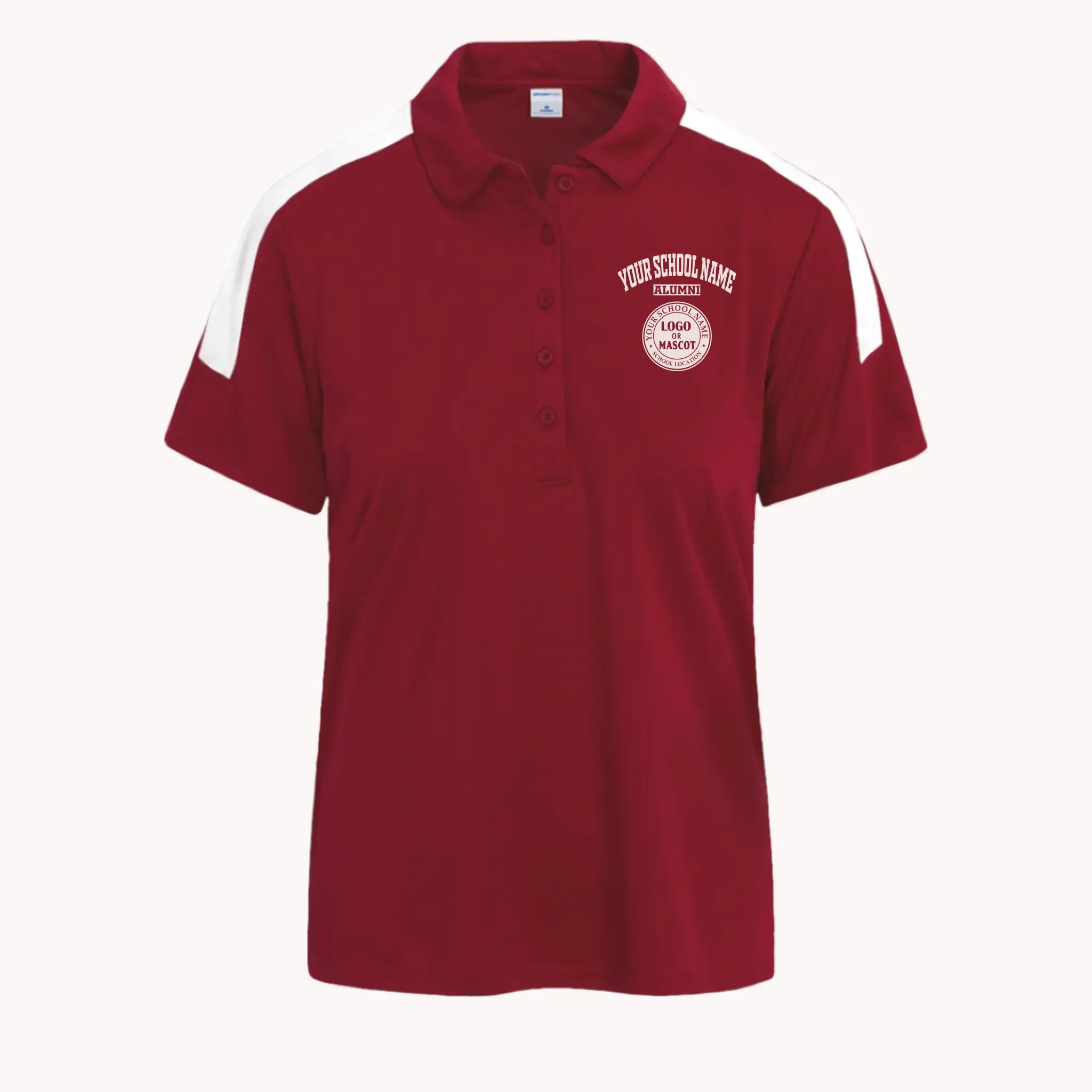 A red women's polo shirt with white colorblock accents, great custom school apparel for class reunions.
