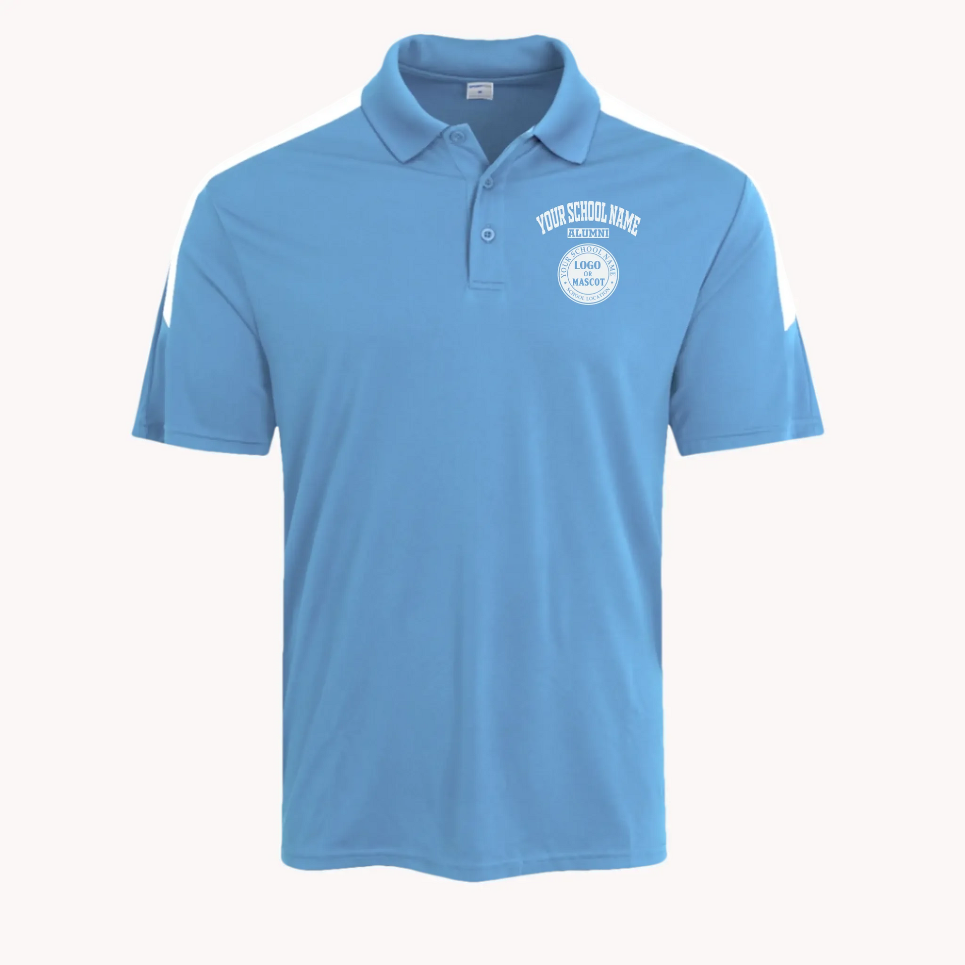 A navy blue competitor polo shirt, a great high school reunion gift featuring a personalized school emblem.