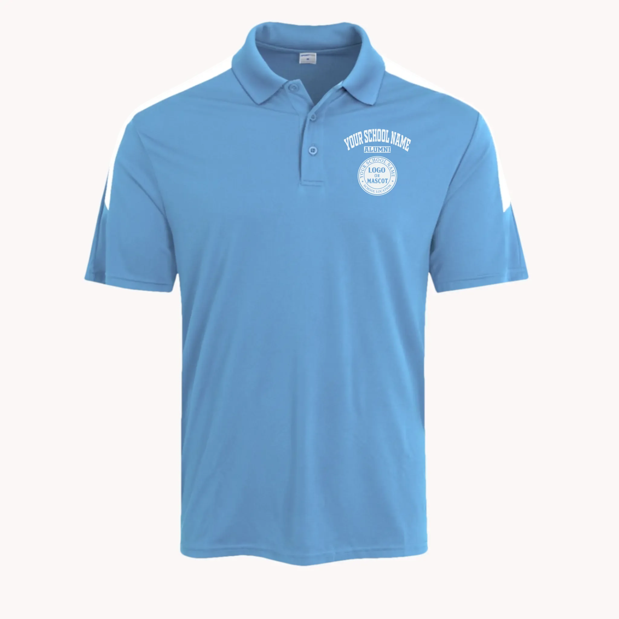 A navy blue competitor polo shirt, a great high school reunion gift featuring a personalized school emblem.