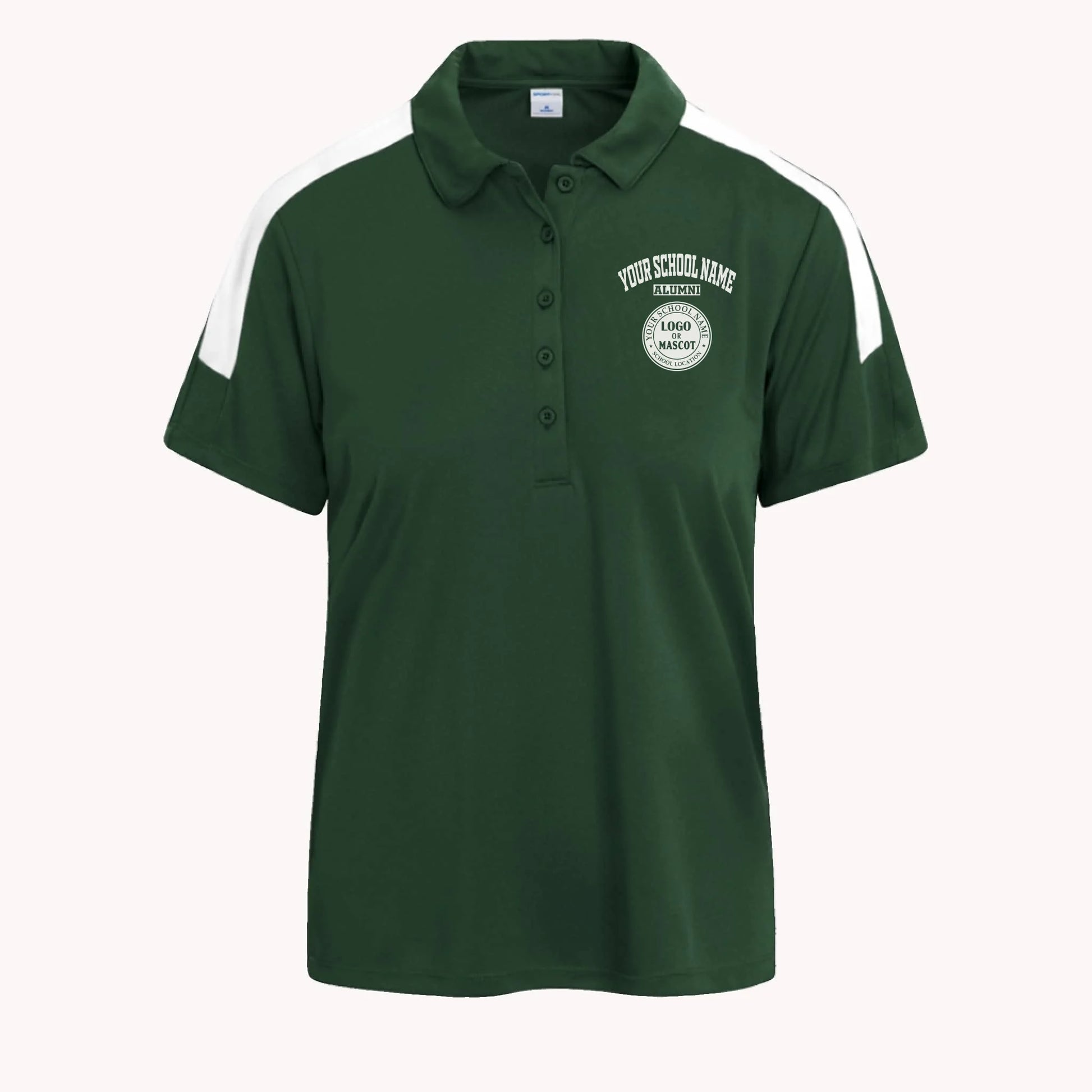 A forest green competitor polo, stylish college apparel for alumnae with a modern and athletic colorblock look.
