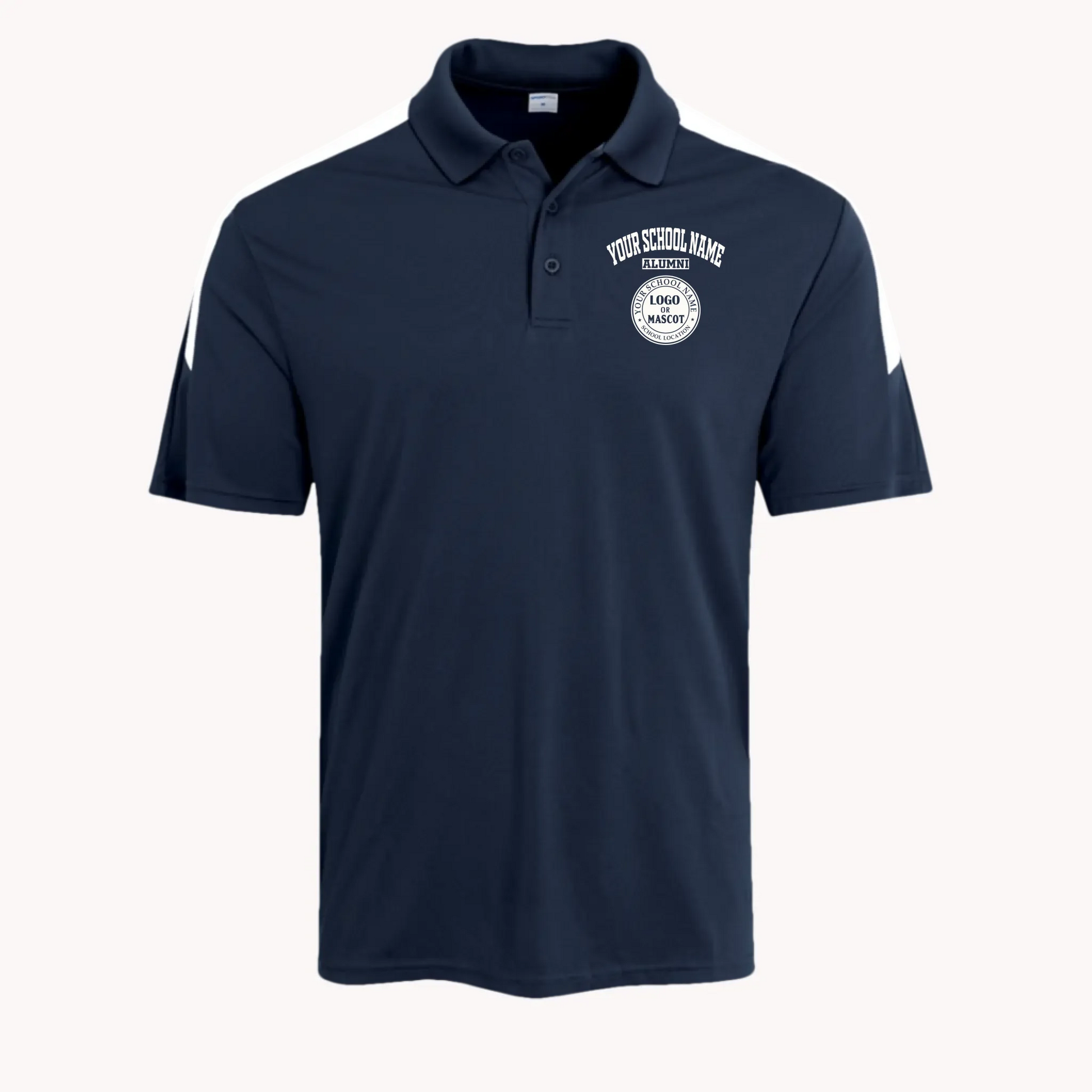 A navy blue competitor polo shirt, a great high school reunion gift featuring a personalized school emblem.