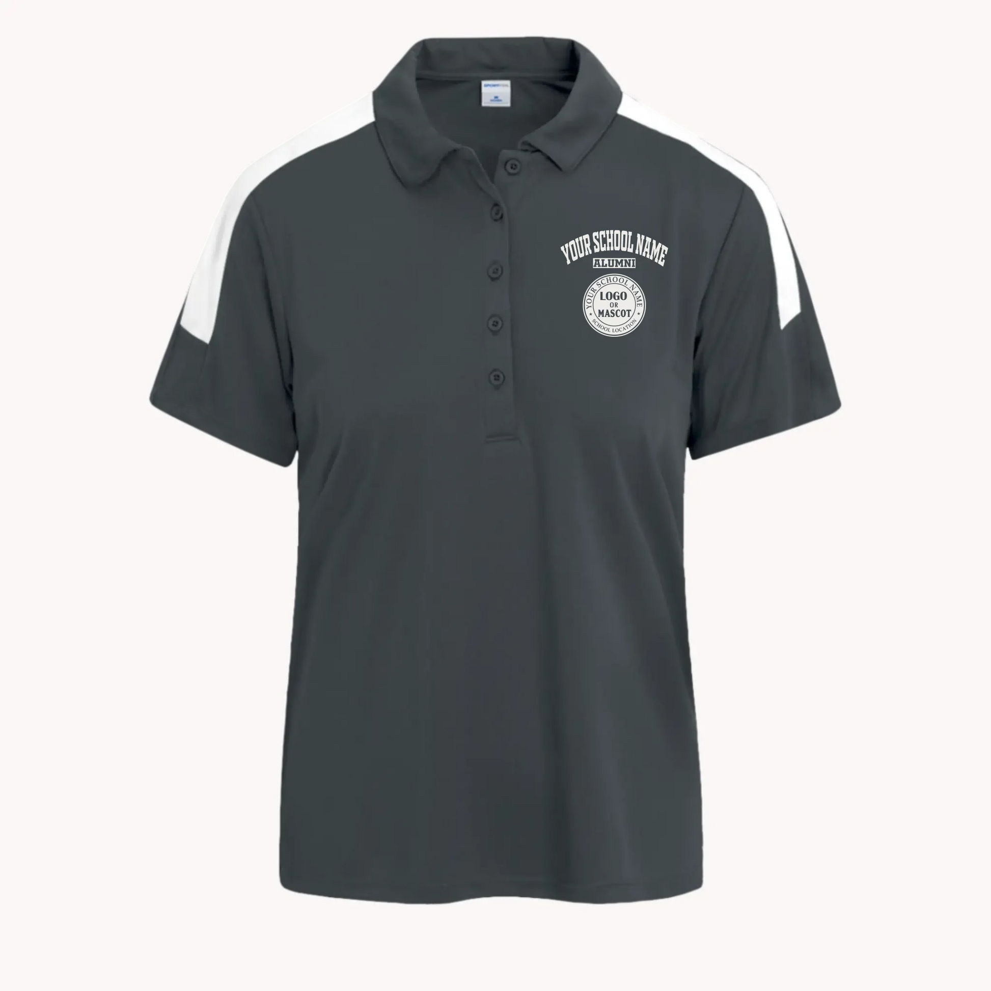 A unique alumni gift for her: a graphite grey colorblock polo shirt that can be personalized with her school's logo.