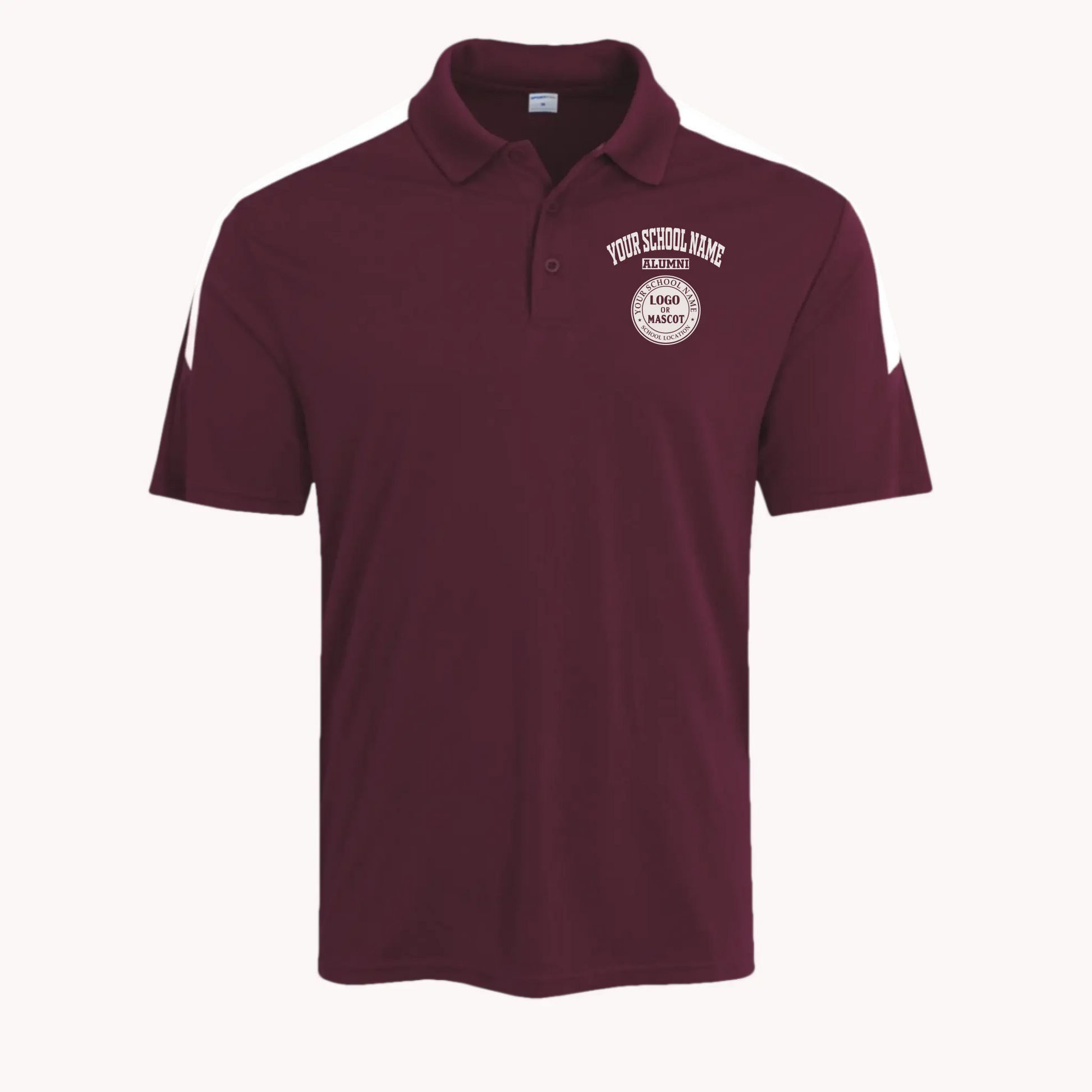 Maroon colorblock polo shirt, a great piece of custom school gear for class reunions and gameday.