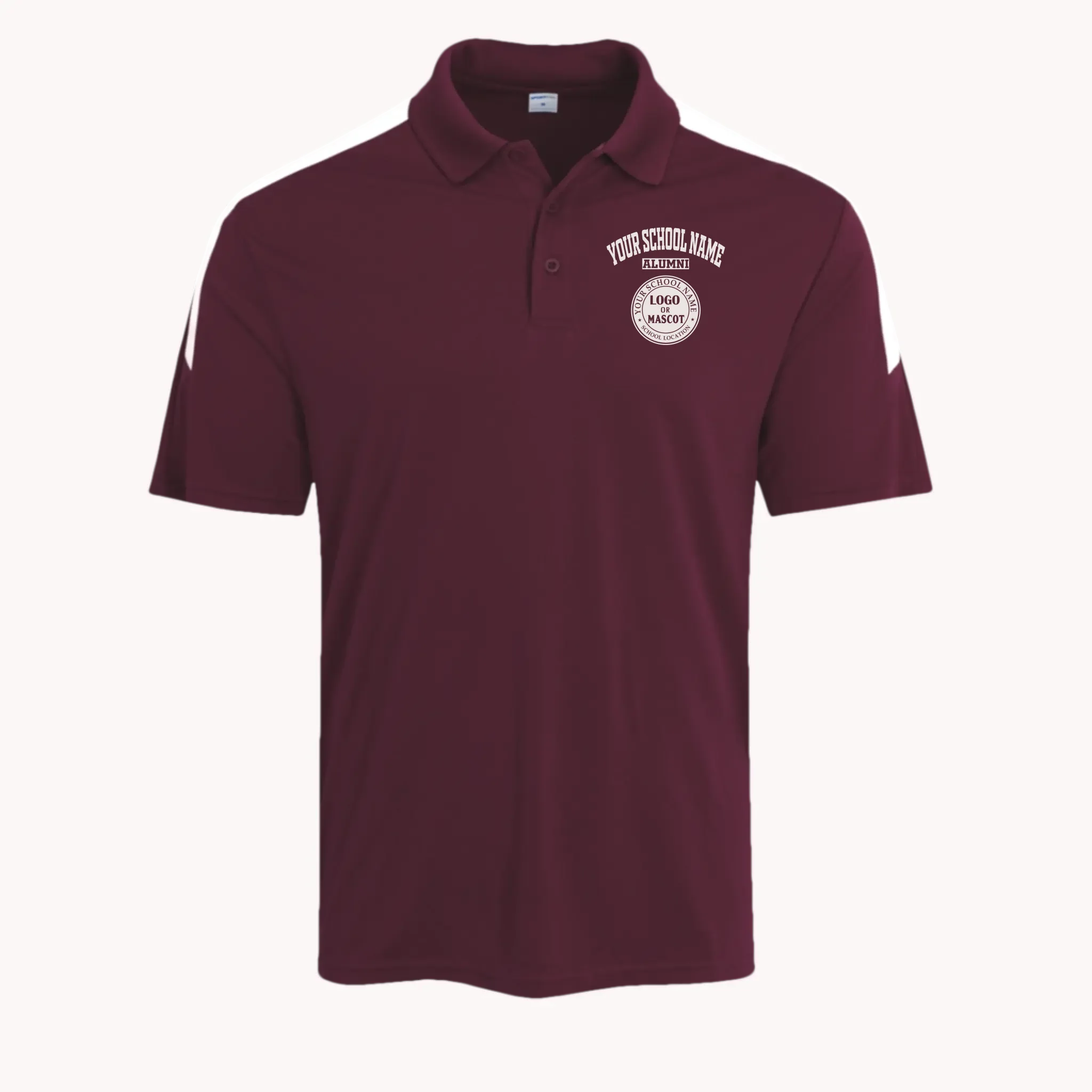 Maroon colorblock polo shirt, a great piece of custom school gear for class reunions and gameday.