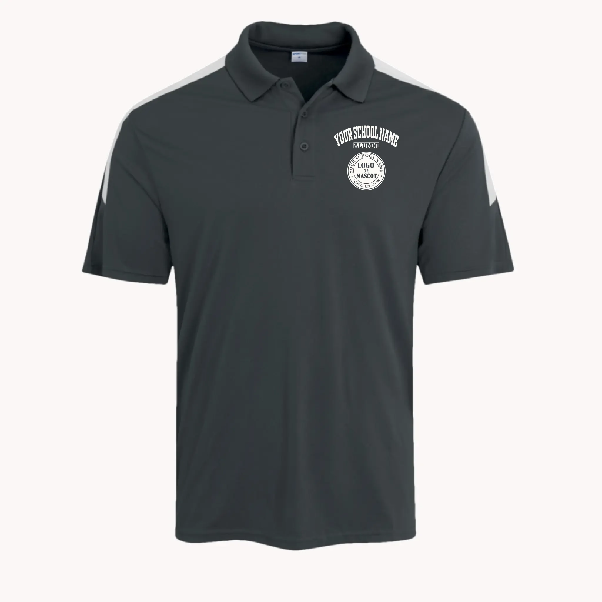A graphite grey personalized and moisture-wicking competitor polo for alumni, perfect for outdoor events.