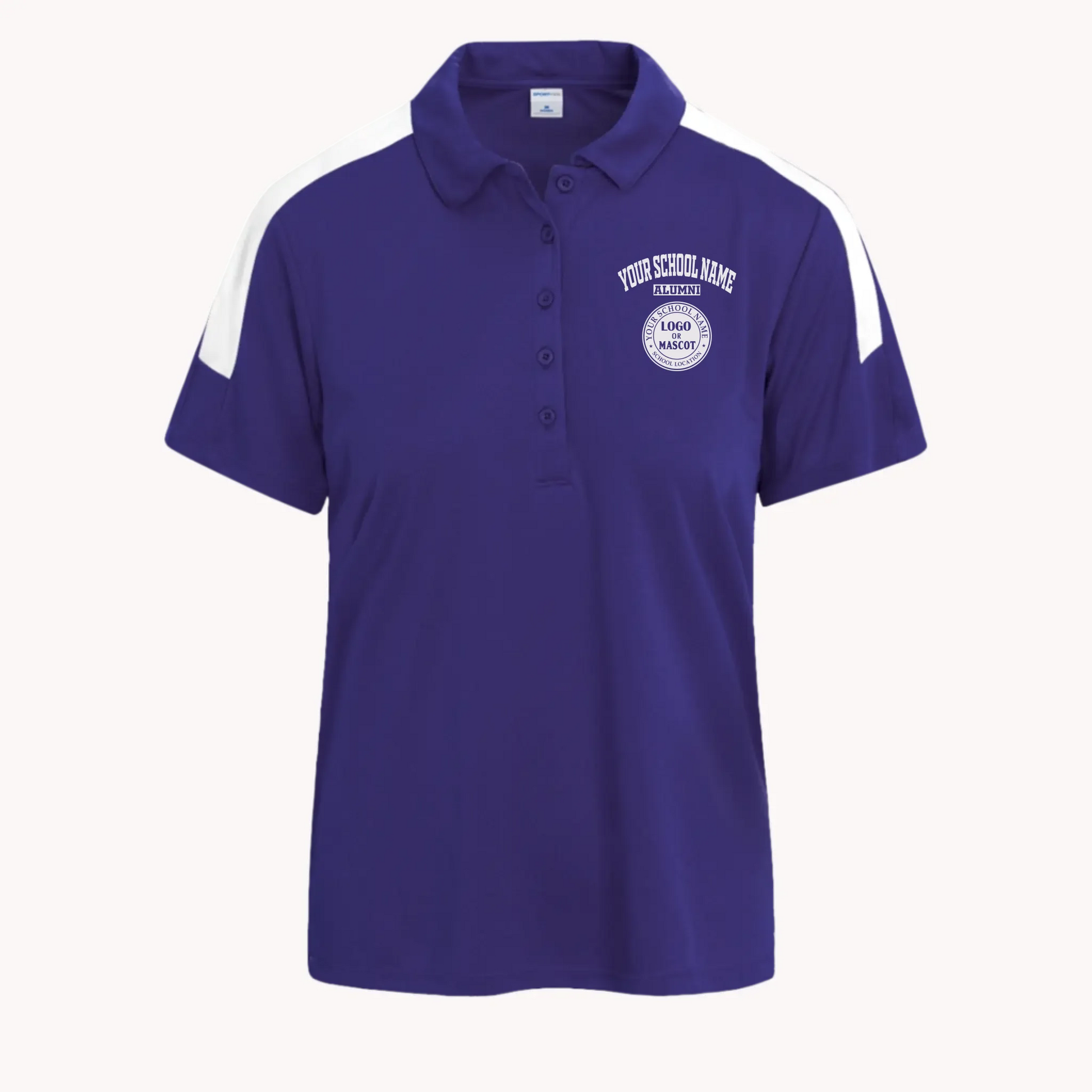A purple custom alumni polo shirt for women with white colorblock details, designed for active graduates.