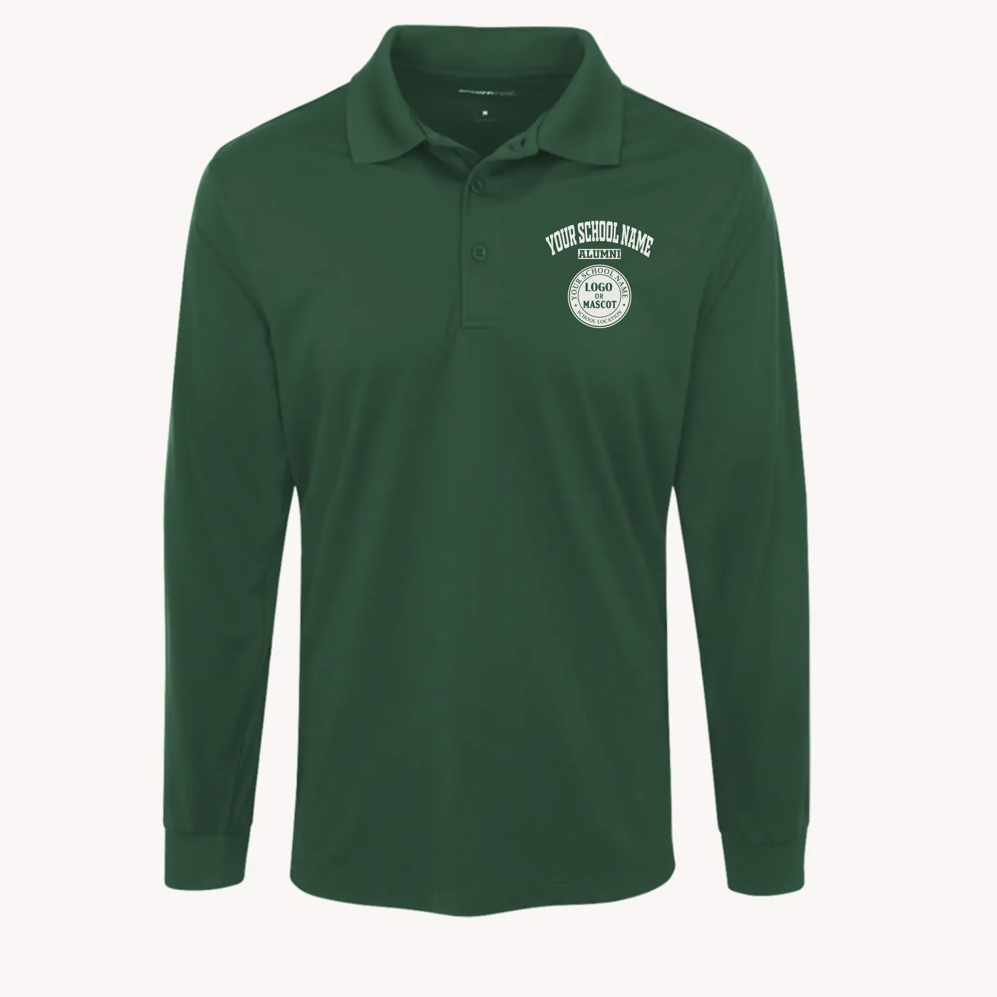 A personalized forest green long sleeve pro polo for alumni, featuring a snag-resistant fabric perfect for a golf outing.