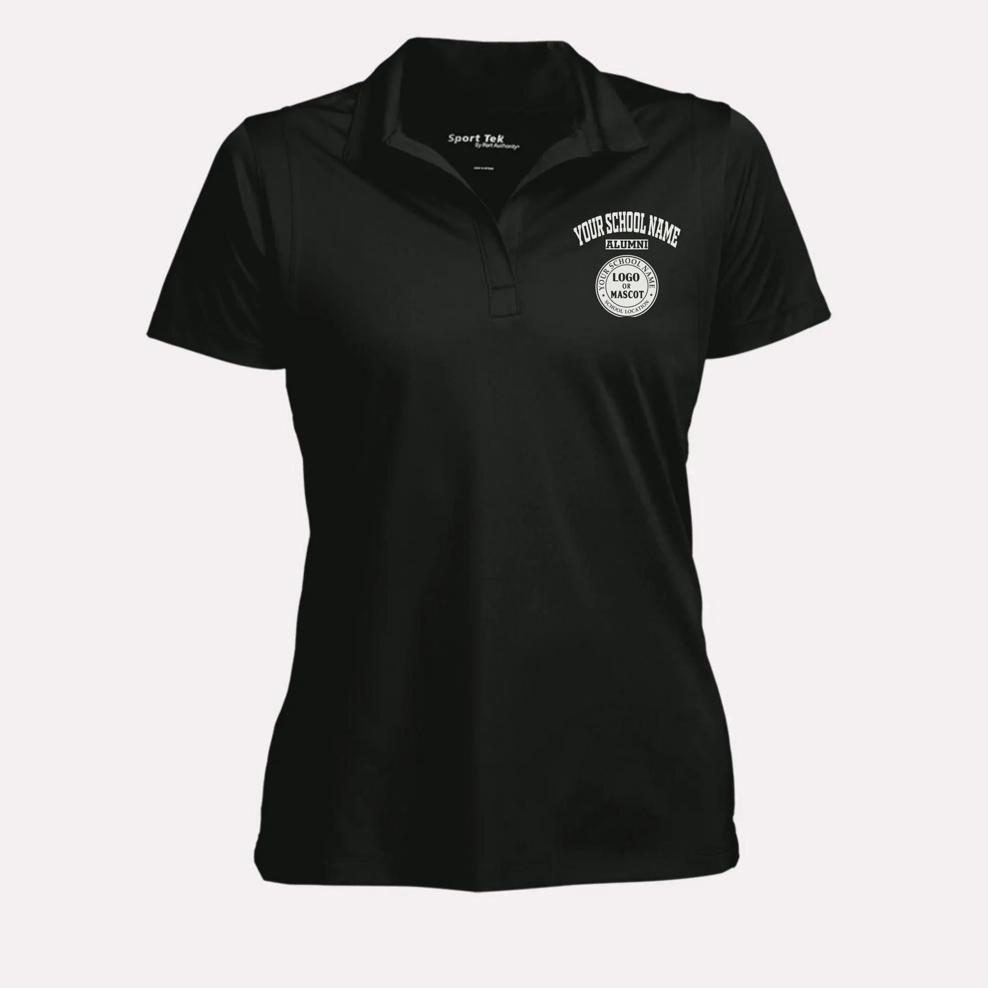 A woman's black performance polo shirt with a custom school logo, featuring a flattering feminine fit for alumnae.