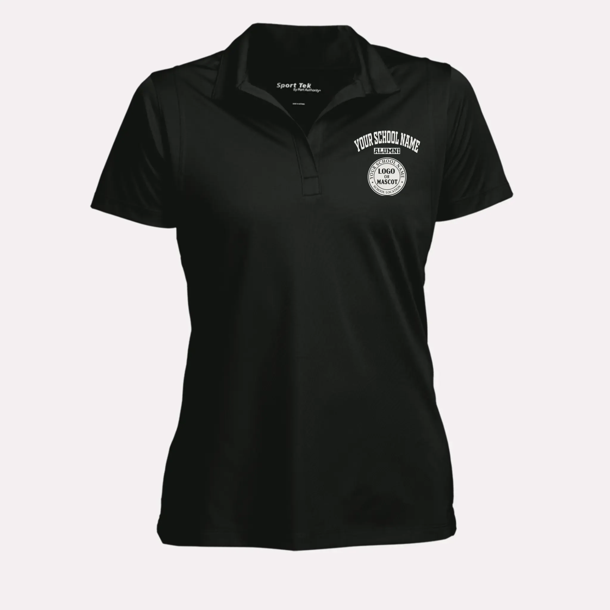 A woman's black performance polo shirt with a custom school logo, featuring a flattering feminine fit for alumnae.