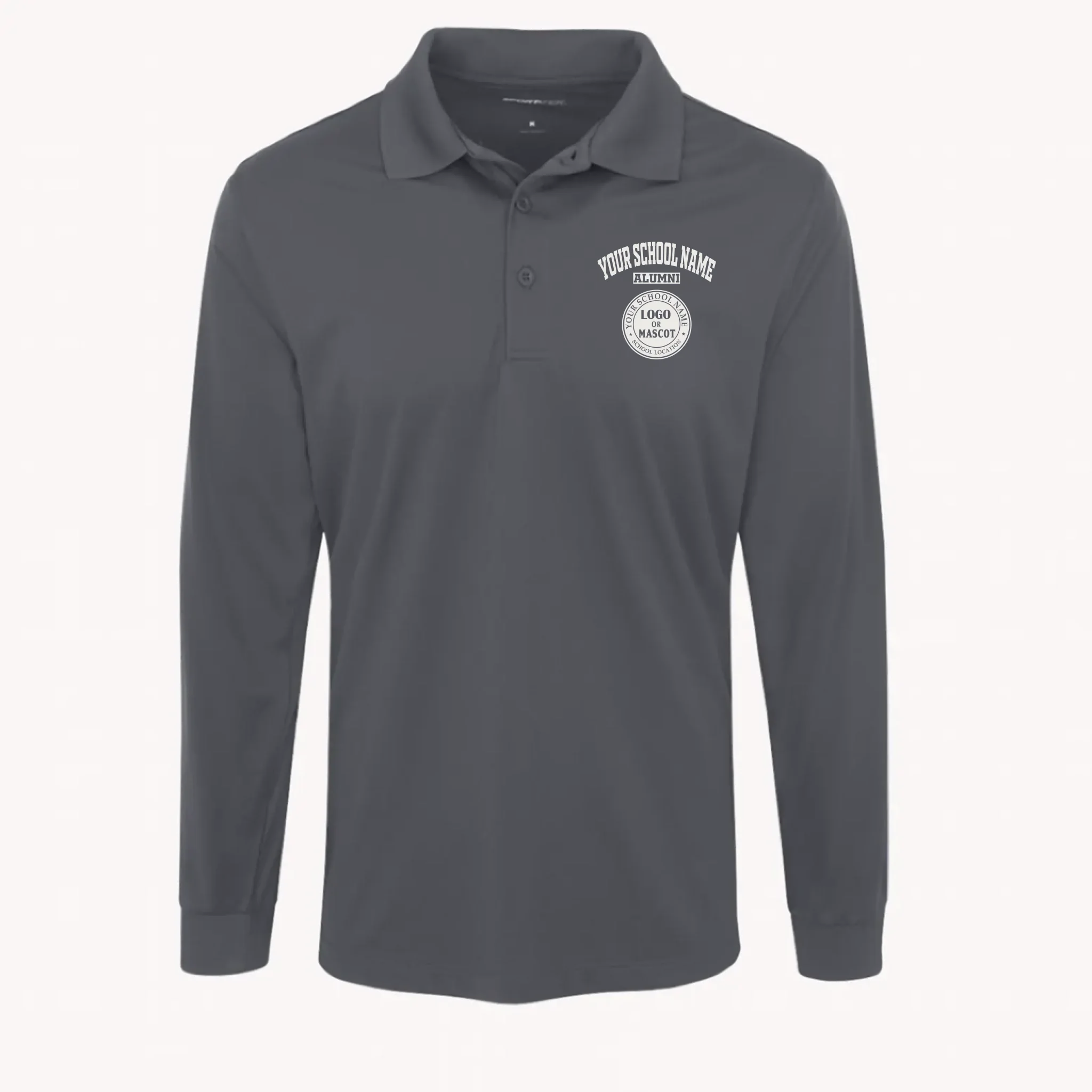 A graphite grey men's long sleeve performance polo, a great piece of university alumni gear for any event.