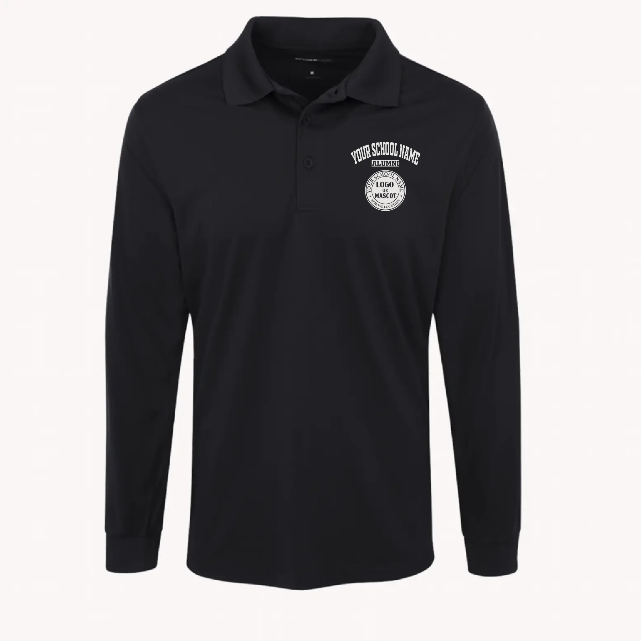 Black custom alumni apparel: a men's long sleeve performance polo designed for a polished, professional look.