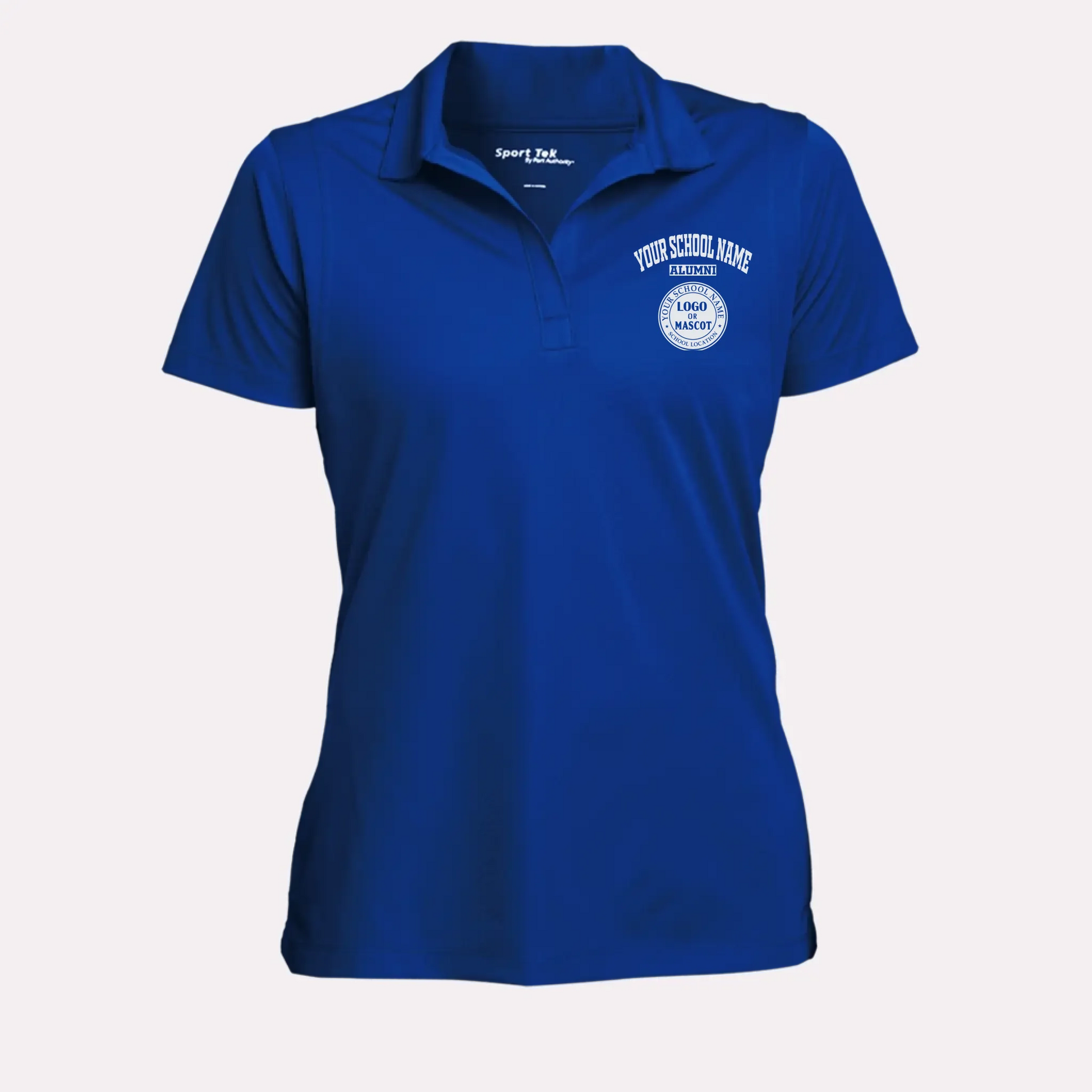 A royal blue women's performance polo, a great university alumni gift for her with a modern, tailored silhouette.