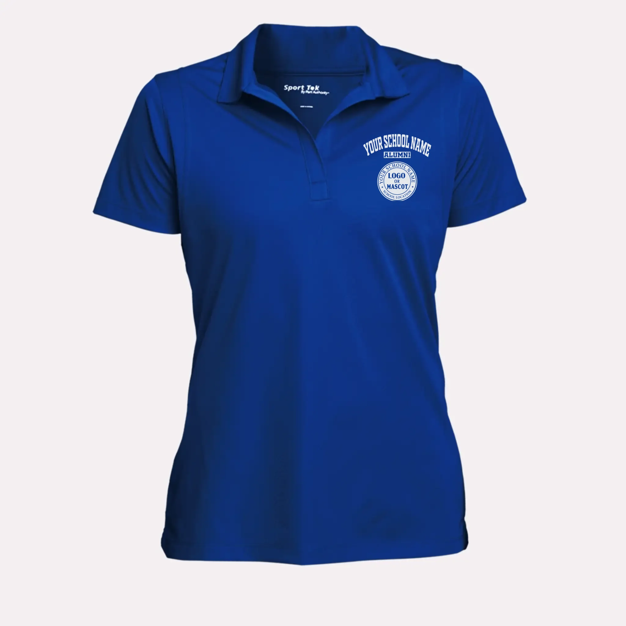 A royal blue women's performance polo, a great university alumni gift for her with a modern, tailored silhouette.