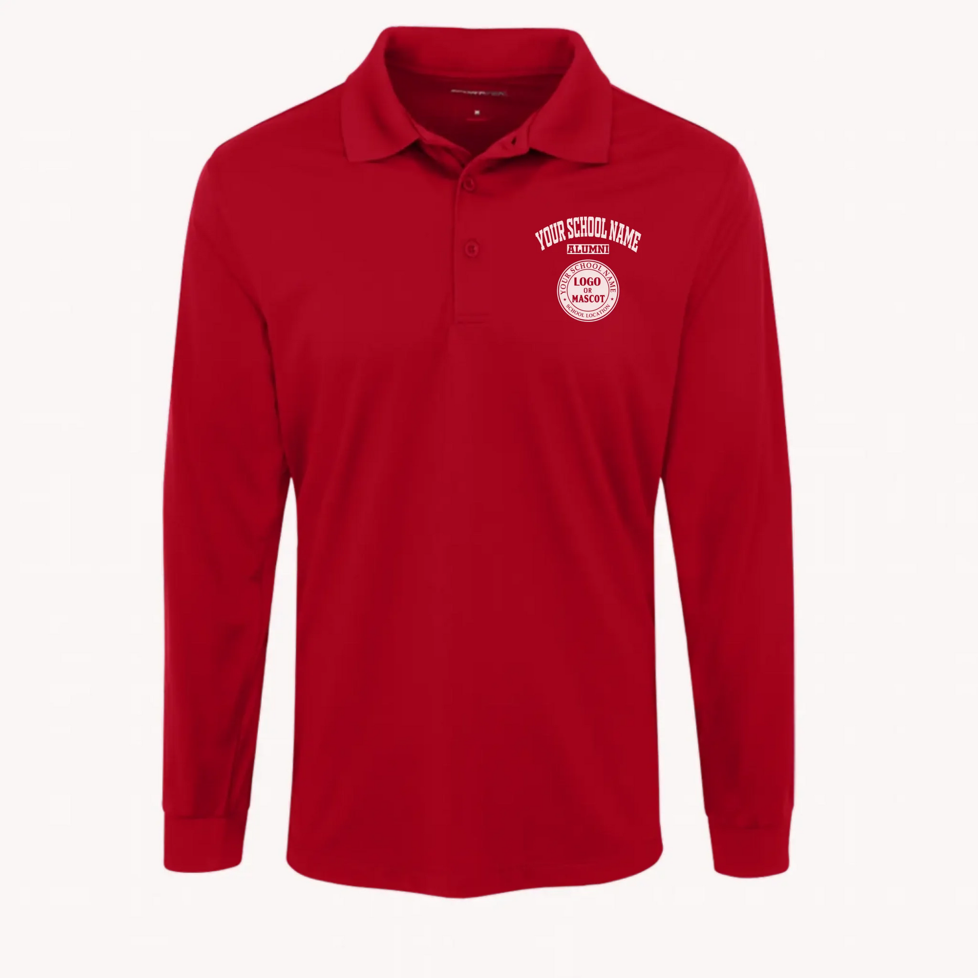 A red long sleeve performance polo, stylish college apparel for alumni with a refined, professional fit.