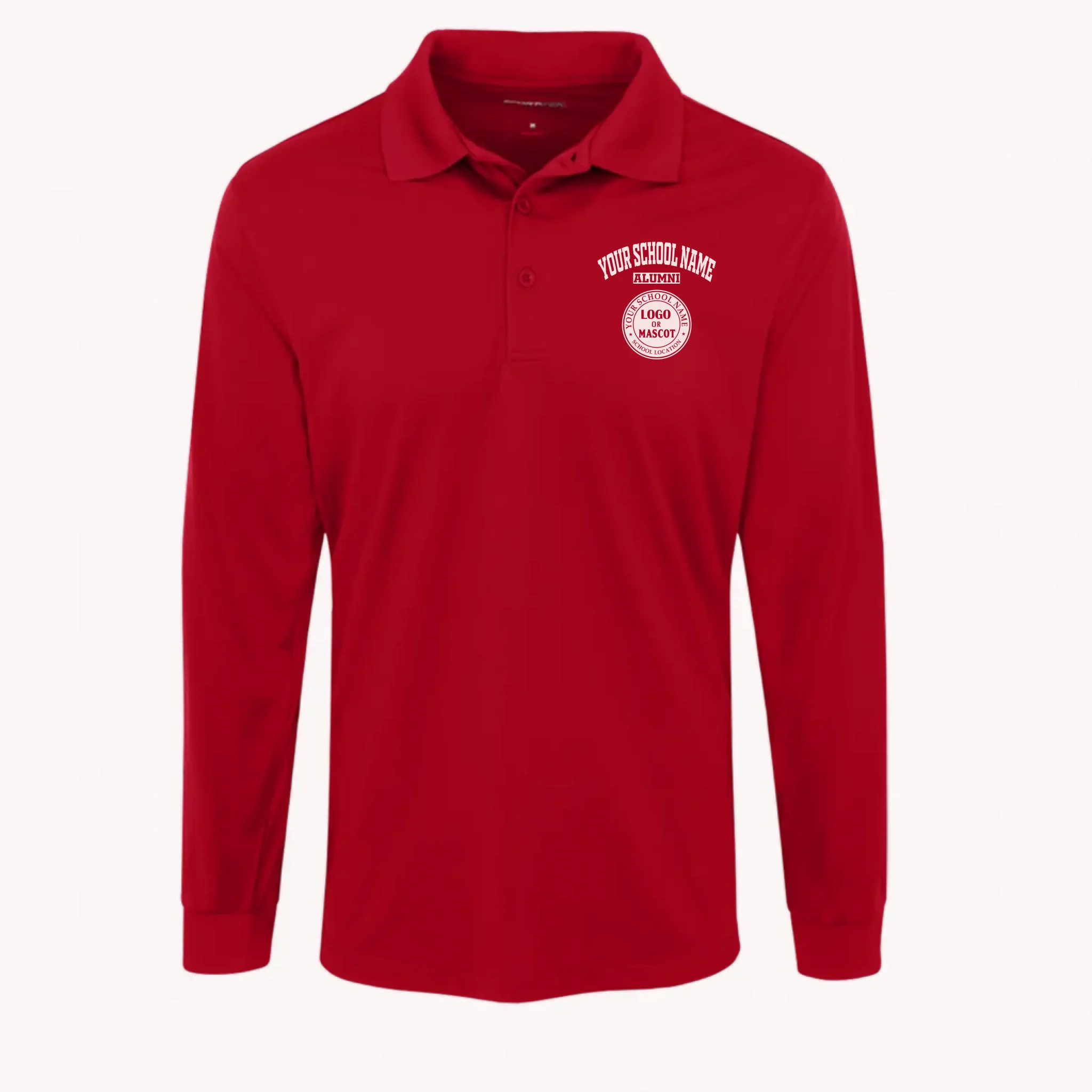 A red long sleeve performance polo, stylish college apparel for alumni with a refined, professional fit.