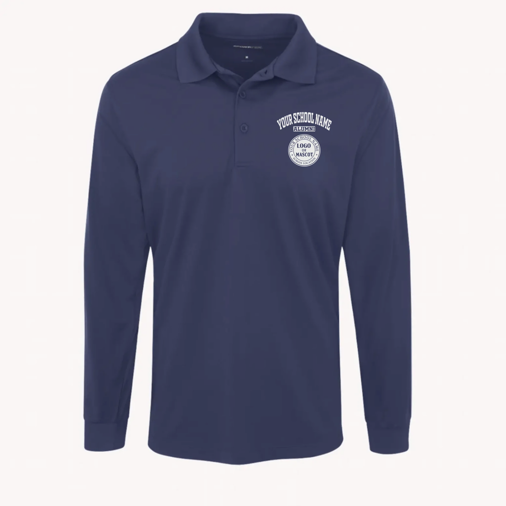 A unique alumni gift: a navy blue long sleeve performance polo that can be personalized with his school's logo.