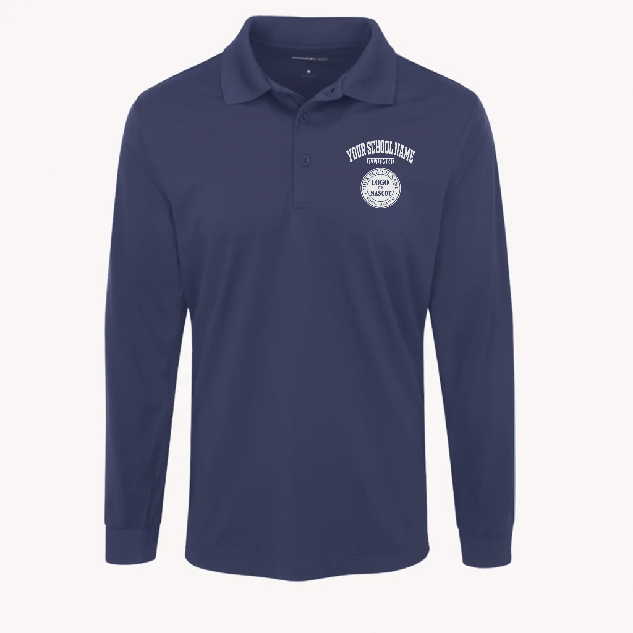 A unique alumni gift: a navy blue long sleeve performance polo that can be personalized with his school's logo.