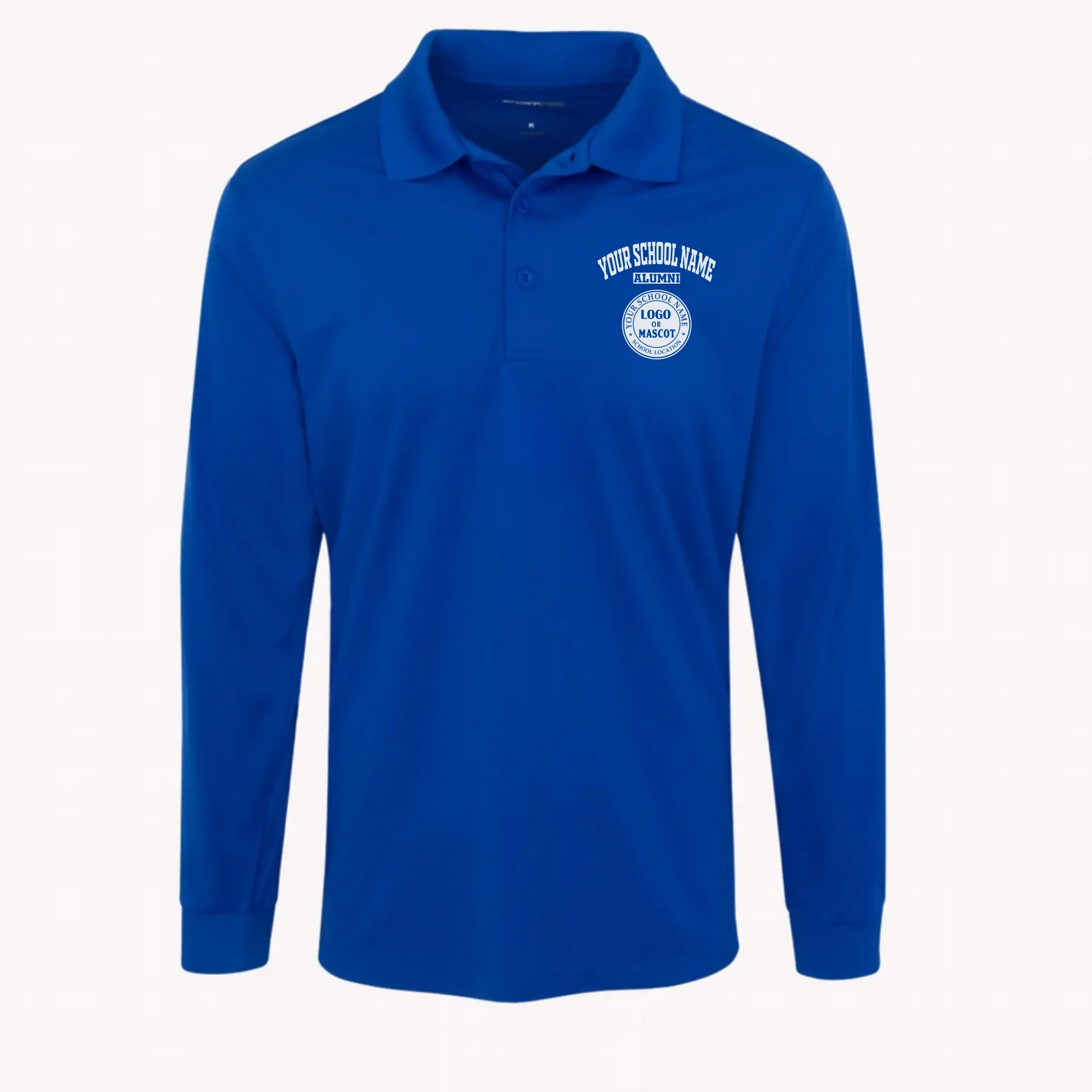 A royal blue long sleeve performance polo shirt, a great high school reunion gift featuring a personalized school emblem.