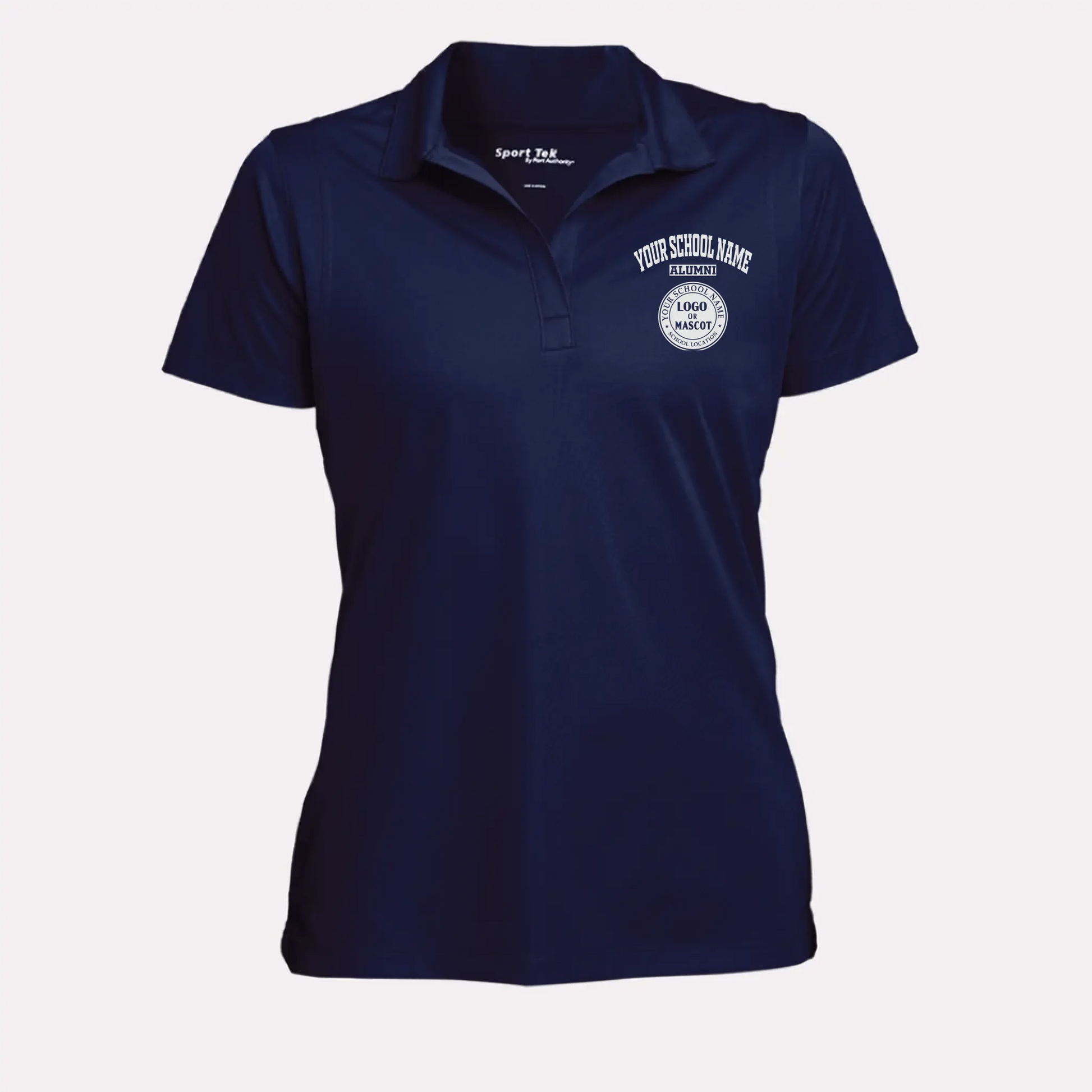 A unique alumni gift for her: a classic navy blue performance polo, ideal for homecoming or any alumni event.
