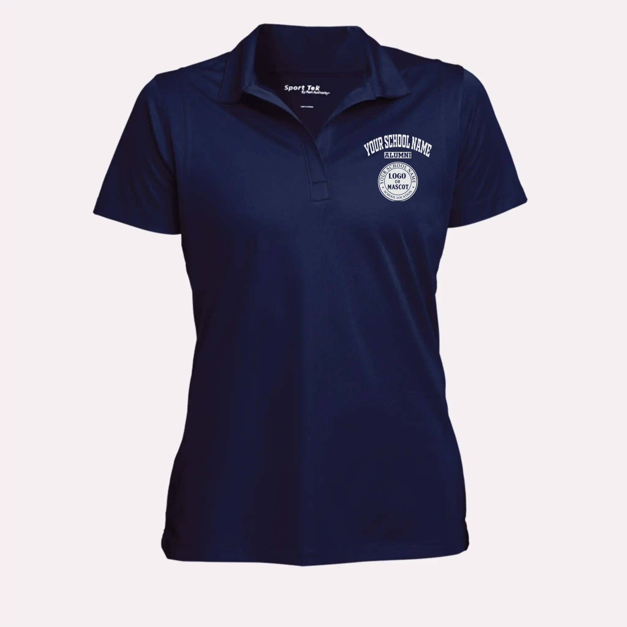 A unique alumni gift for her: a classic navy blue performance polo, ideal for homecoming or any alumni event.